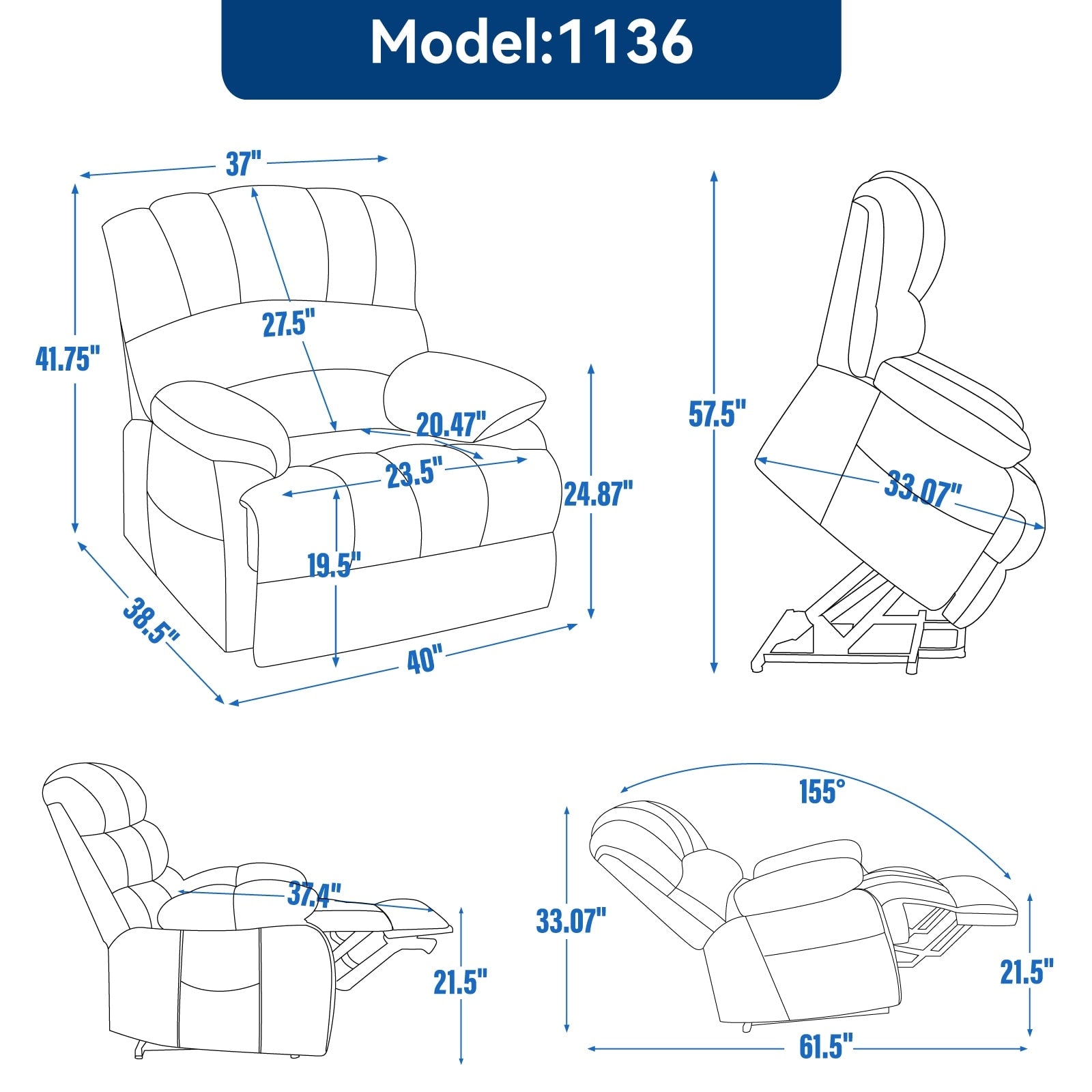 Fauteuil inclinable électrique de grande taille en chenille avec siège large et dossier haut, massage par vibration à 8 points et chauffage lombaire