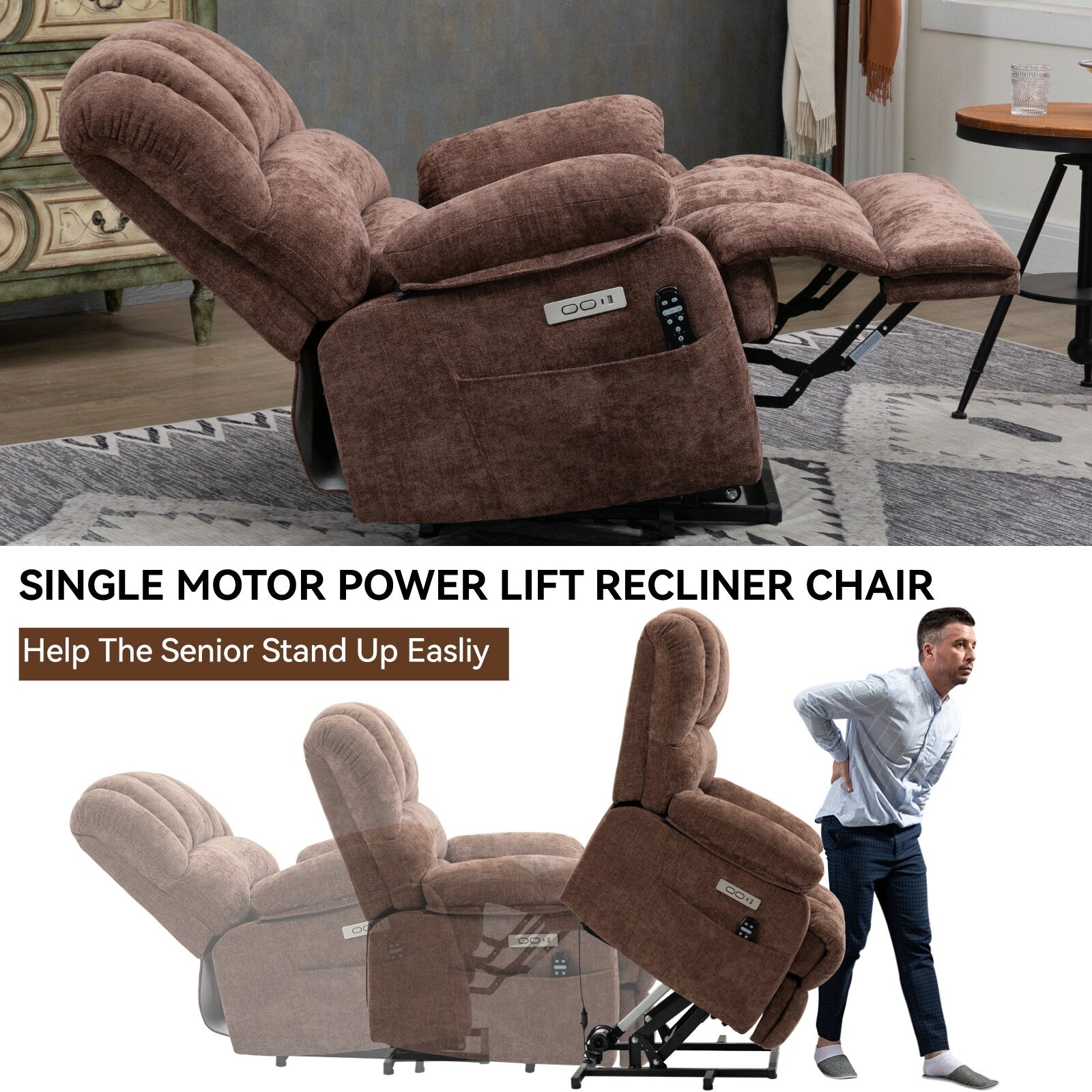Fauteuil inclinable électrique de grande taille en chenille avec siège large et dossier haut, massage par vibration à 8 points et chauffage lombaire