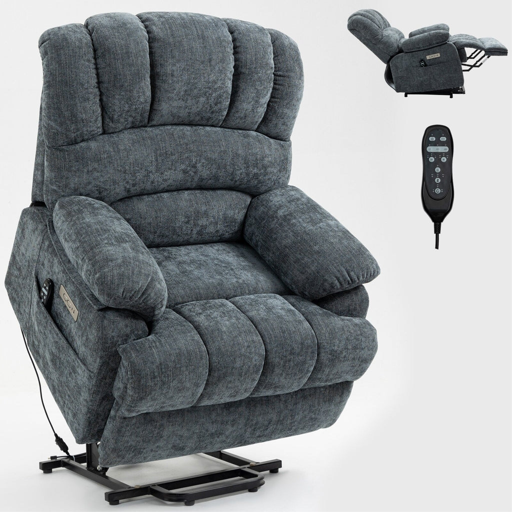 Fauteuil inclinable électrique de grande taille en chenille avec siège large et dossier haut, massage par vibration à 8 points et chauffage lombaire