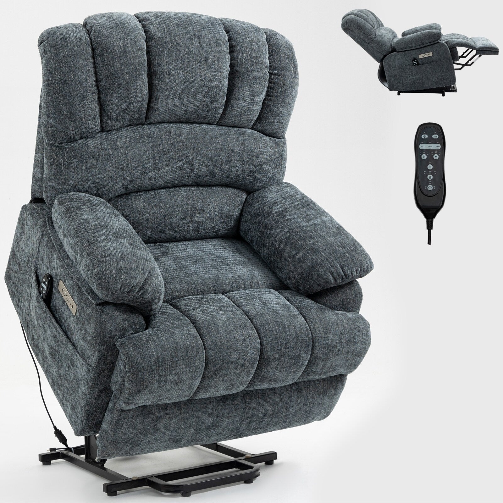 Fauteuil inclinable électrique de grande taille en chenille avec siège large et dossier haut, massage par vibration à 8 points et chauffage lombaire