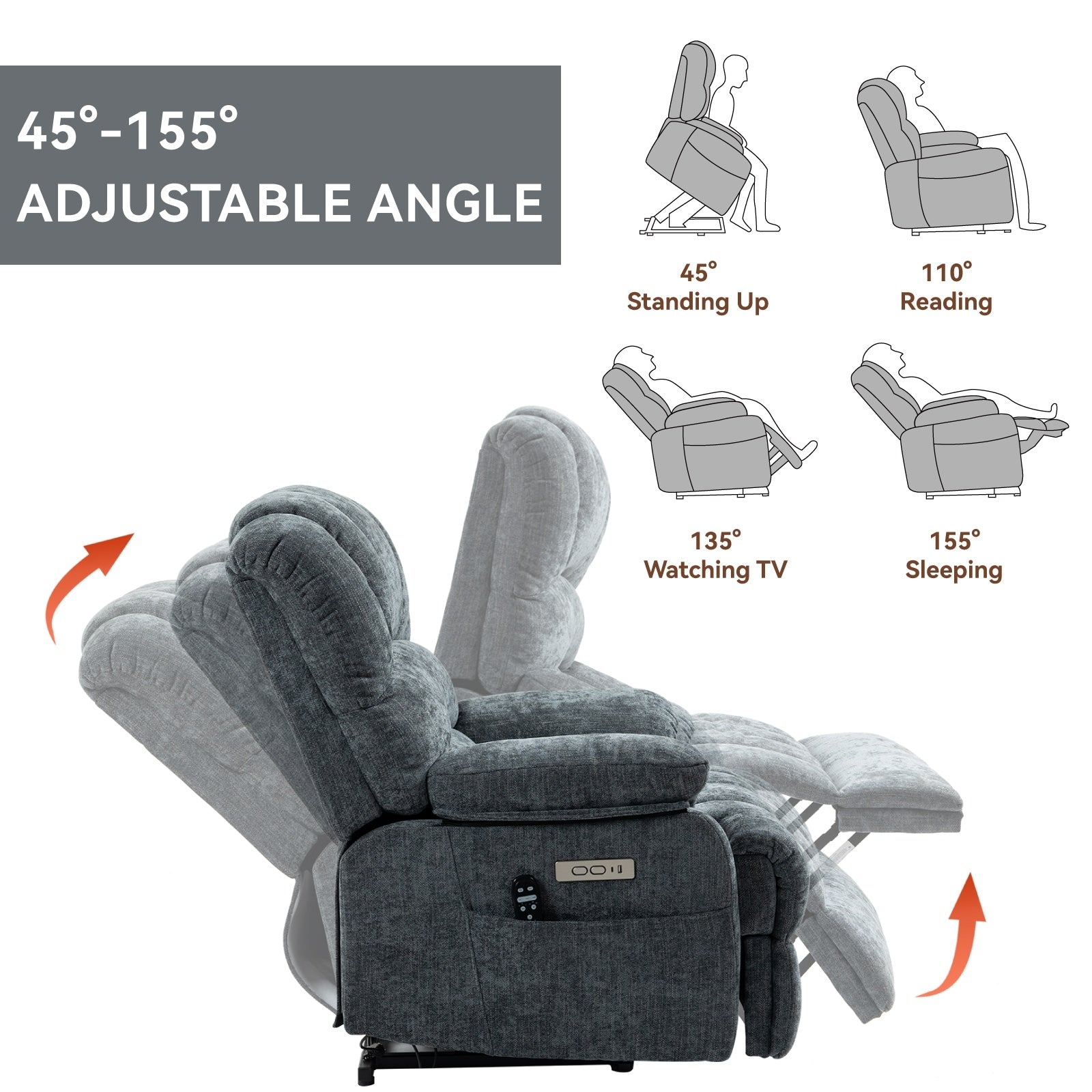 Fauteuil inclinable électrique de grande taille en chenille avec siège large et dossier haut, massage par vibration à 8 points et chauffage lombaire