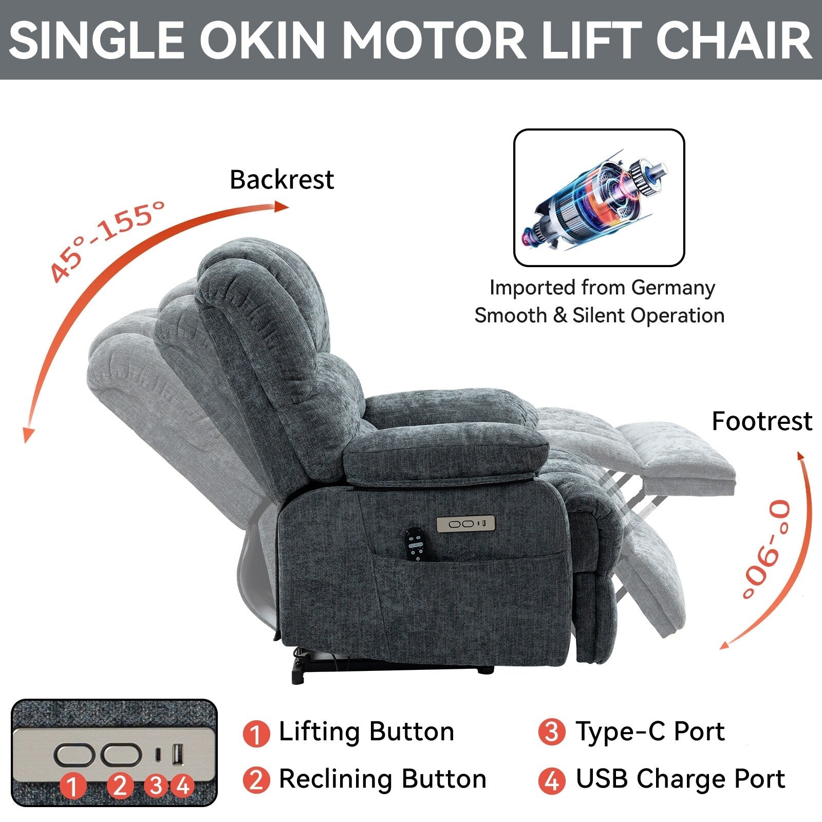 Fauteuil inclinable électrique de grande taille en chenille avec siège large et dossier haut, massage par vibration à 8 points et chauffage lombaire