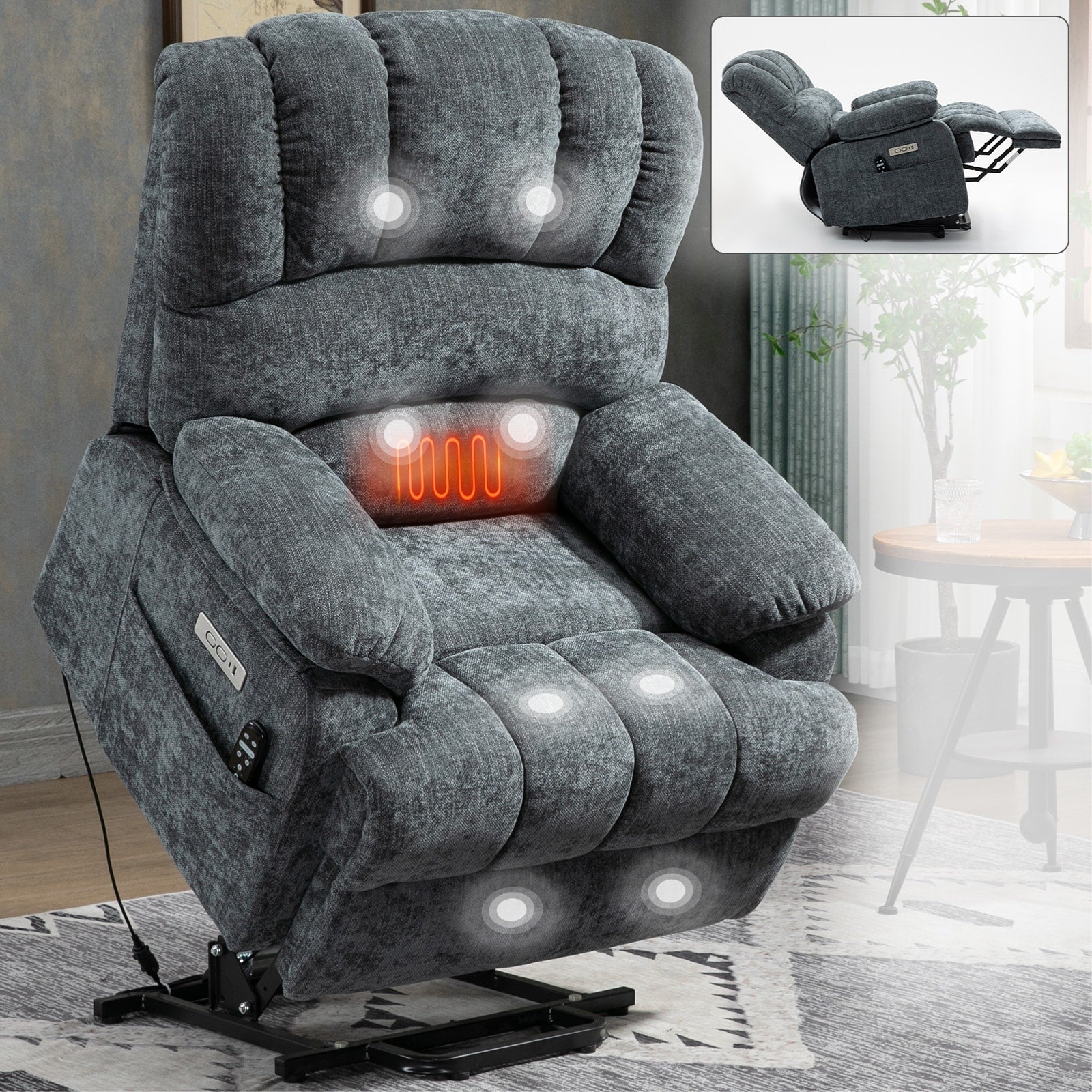 Fauteuil inclinable électrique de grande taille en chenille avec siège large et dossier haut, massage par vibration à 8 points et chauffage lombaire