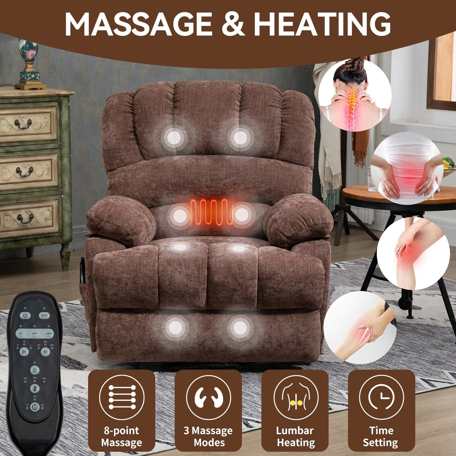 Fauteuil inclinable électrique de grande taille en chenille avec siège large et dossier haut, massage par vibration à 8 points et chauffage lombaire