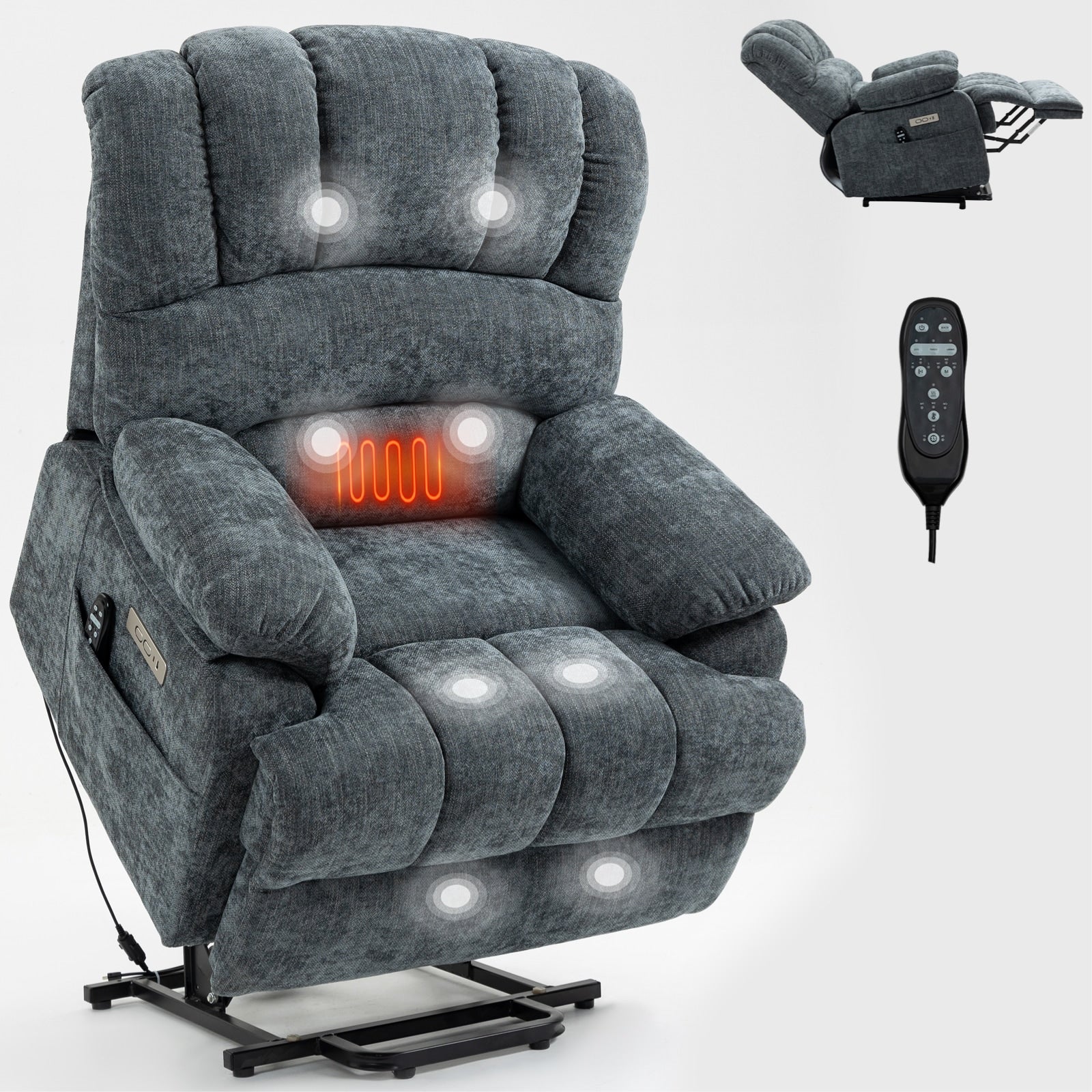 Fauteuil inclinable électrique de grande taille en chenille avec siège large et dossier haut, massage par vibration à 8 points et chauffage lombaire