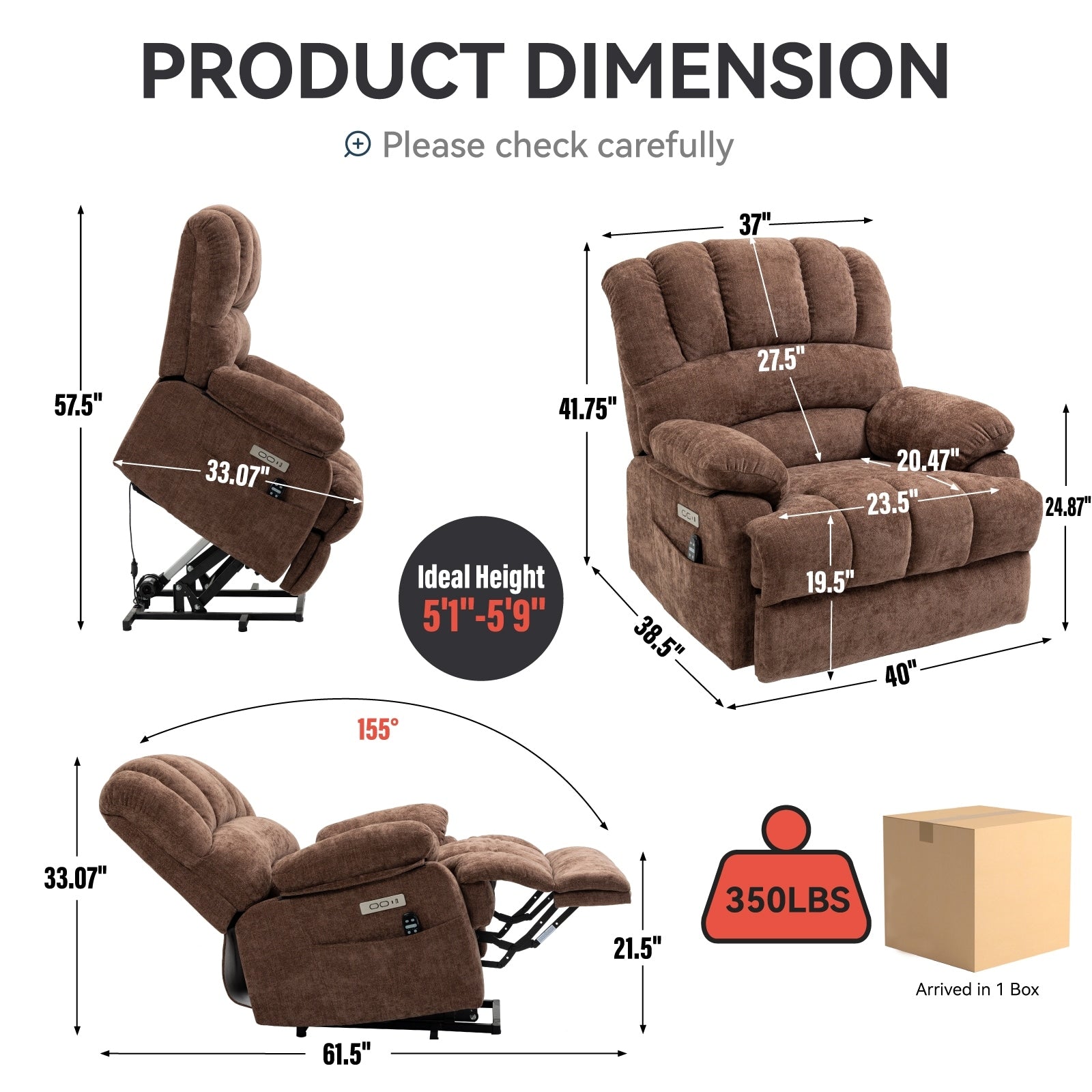 Fauteuil inclinable électrique de grande taille en chenille avec siège large et dossier haut, massage par vibration à 8 points et chauffage lombaire
