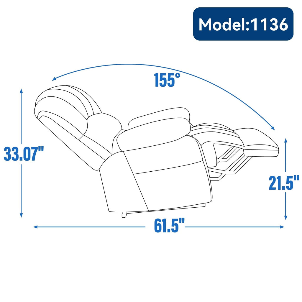 Fauteuil inclinable électrique de grande taille en chenille avec siège large et dossier haut, massage par vibration à 8 points et chauffage lombaire
