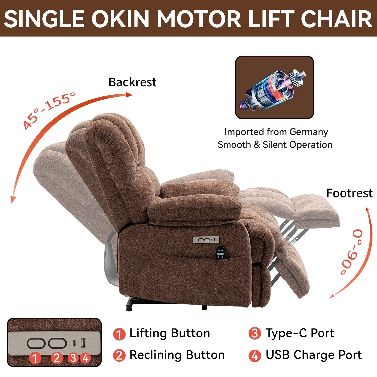 Fauteuil inclinable électrique de grande taille en chenille avec siège large et dossier haut, massage par vibration à 8 points et chauffage lombaire