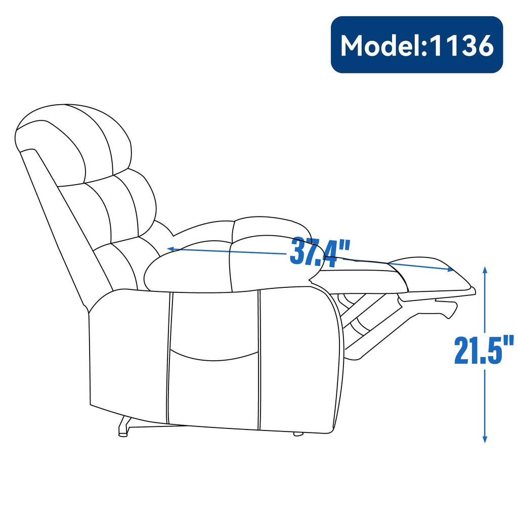 Fauteuil inclinable électrique de grande taille en chenille avec siège large et dossier haut, massage par vibration à 8 points et chauffage lombaire