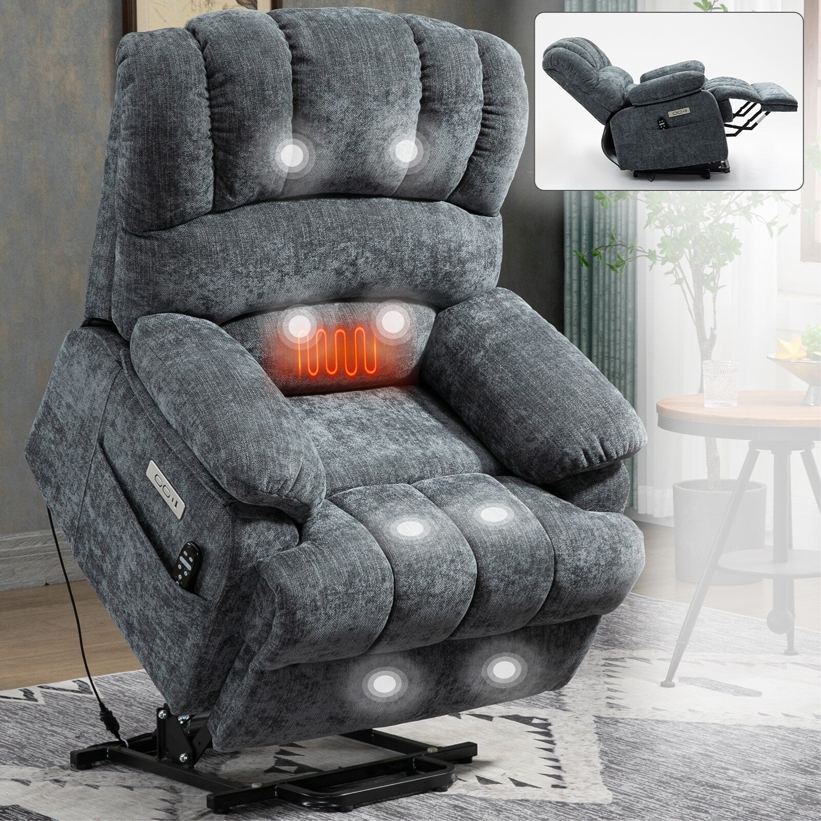 Fauteuil inclinable électrique de grande taille en chenille avec siège large et dossier haut, massage par vibration à 8 points et chauffage lombaire