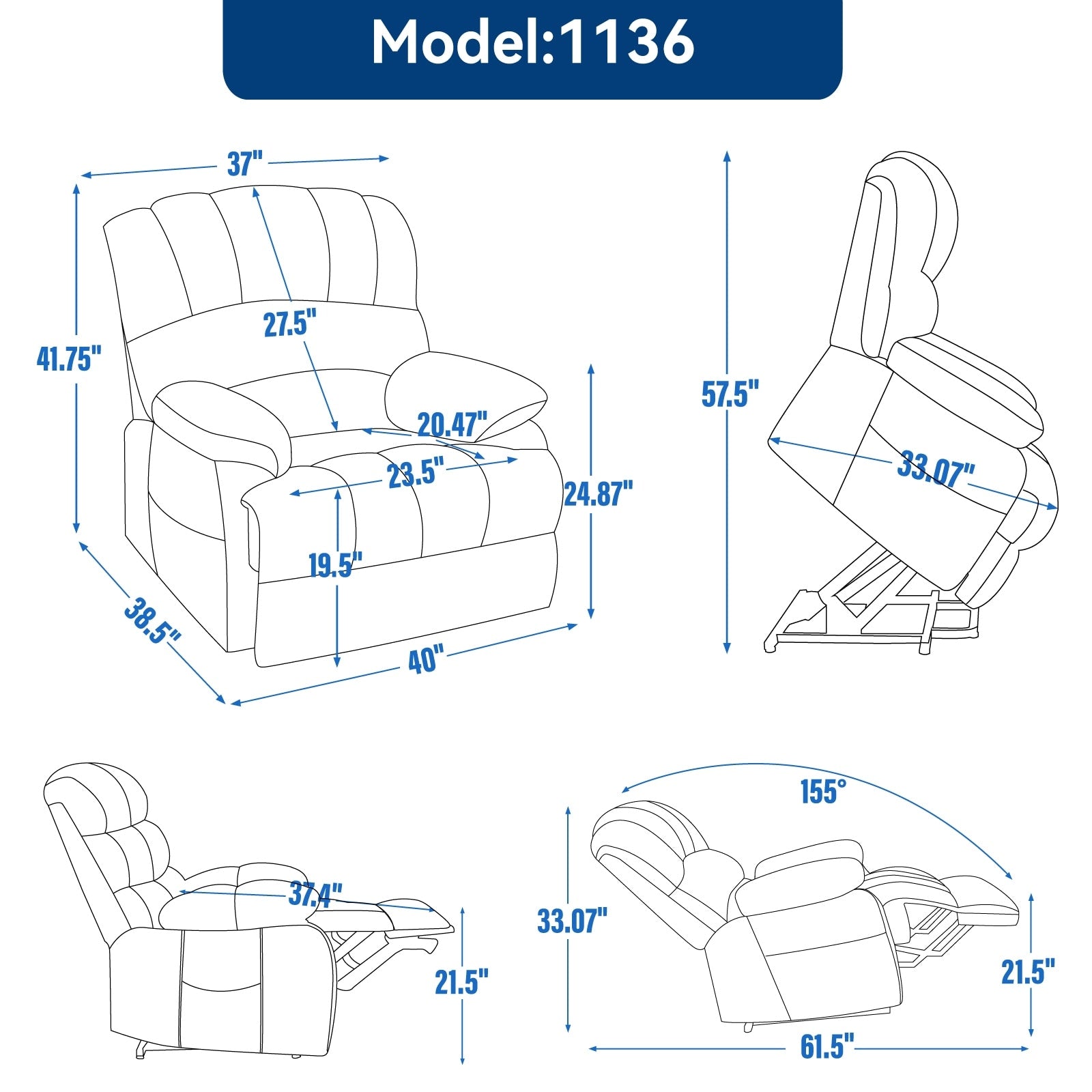 Fauteuil inclinable électrique de grande taille en chenille avec siège large et dossier haut, massage par vibration à 8 points et chauffage lombaire
