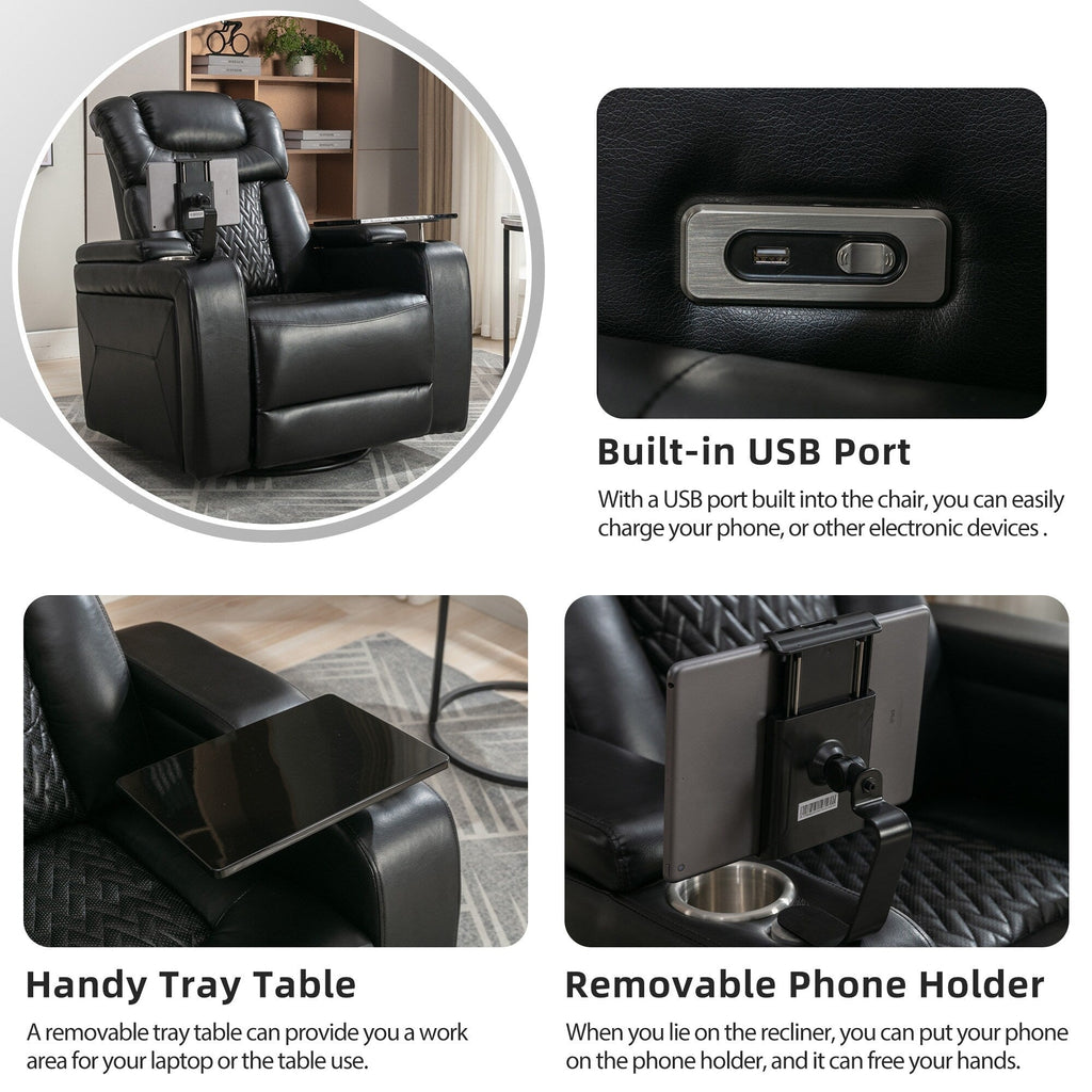 Fauteuil inclinable électrique pivotant à 270 degrés en cuir PU, siège individuel, fauteuil inclinable pour home cinéma avec dossier confortable et plateau