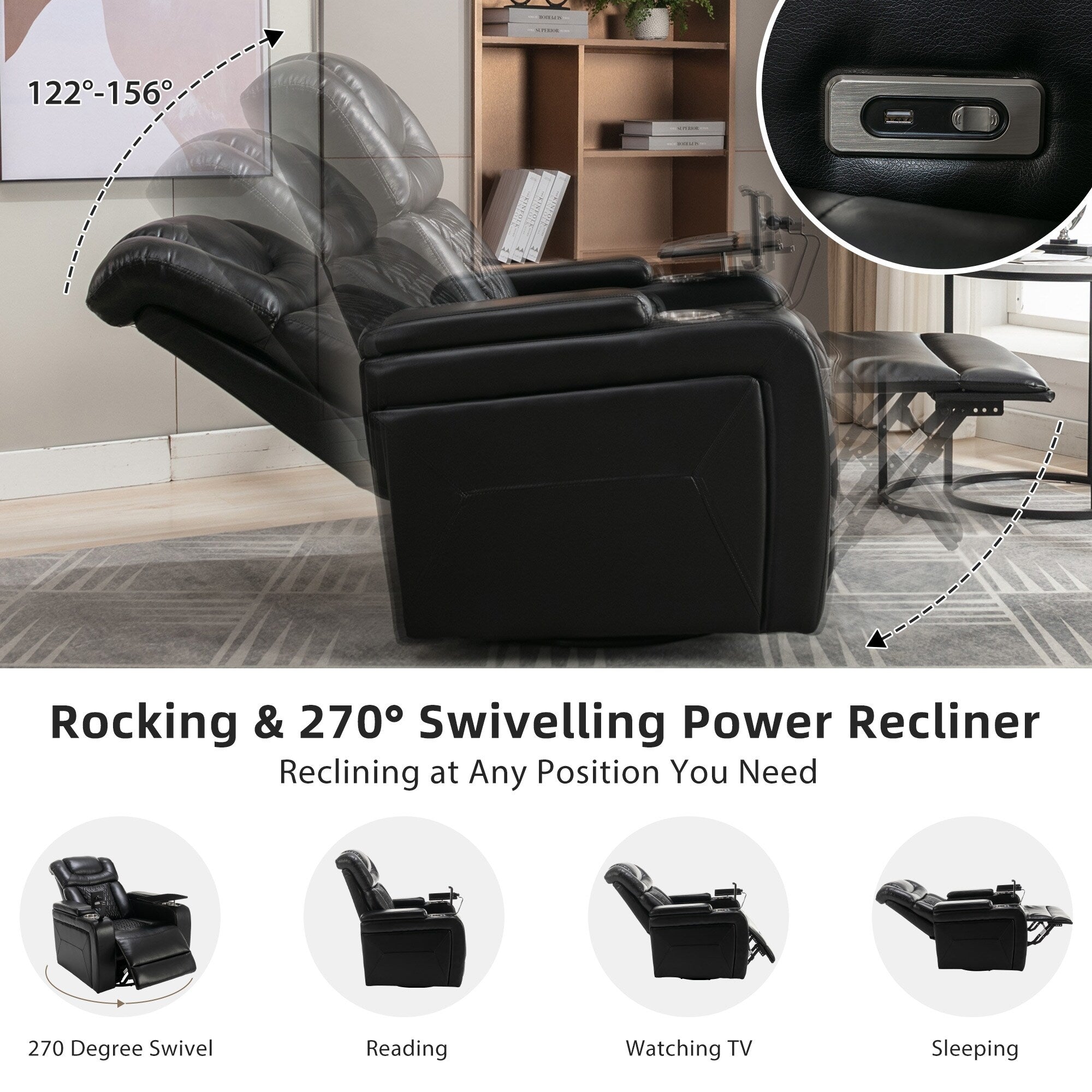 Fauteuil inclinable électrique pivotant à 270 degrés, siège individuel, fauteuil inclinable pour home cinéma, avec plateau, support pour téléphone, porte-gobelet et port USB