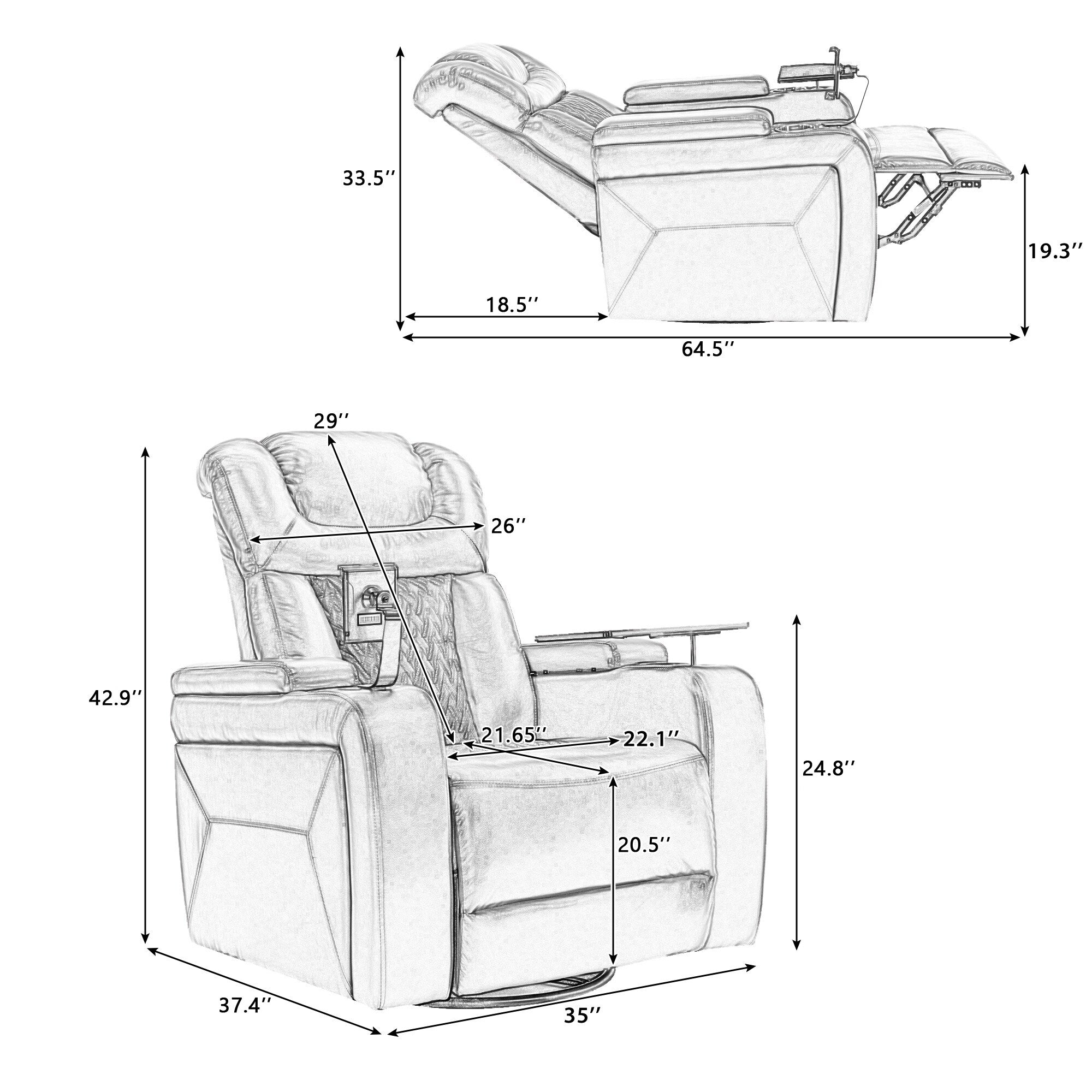 Fauteuil inclinable électrique pivotant à 270 degrés, siège individuel, fauteuil inclinable pour home cinéma, avec plateau, support pour téléphone, porte-gobelet et port USB