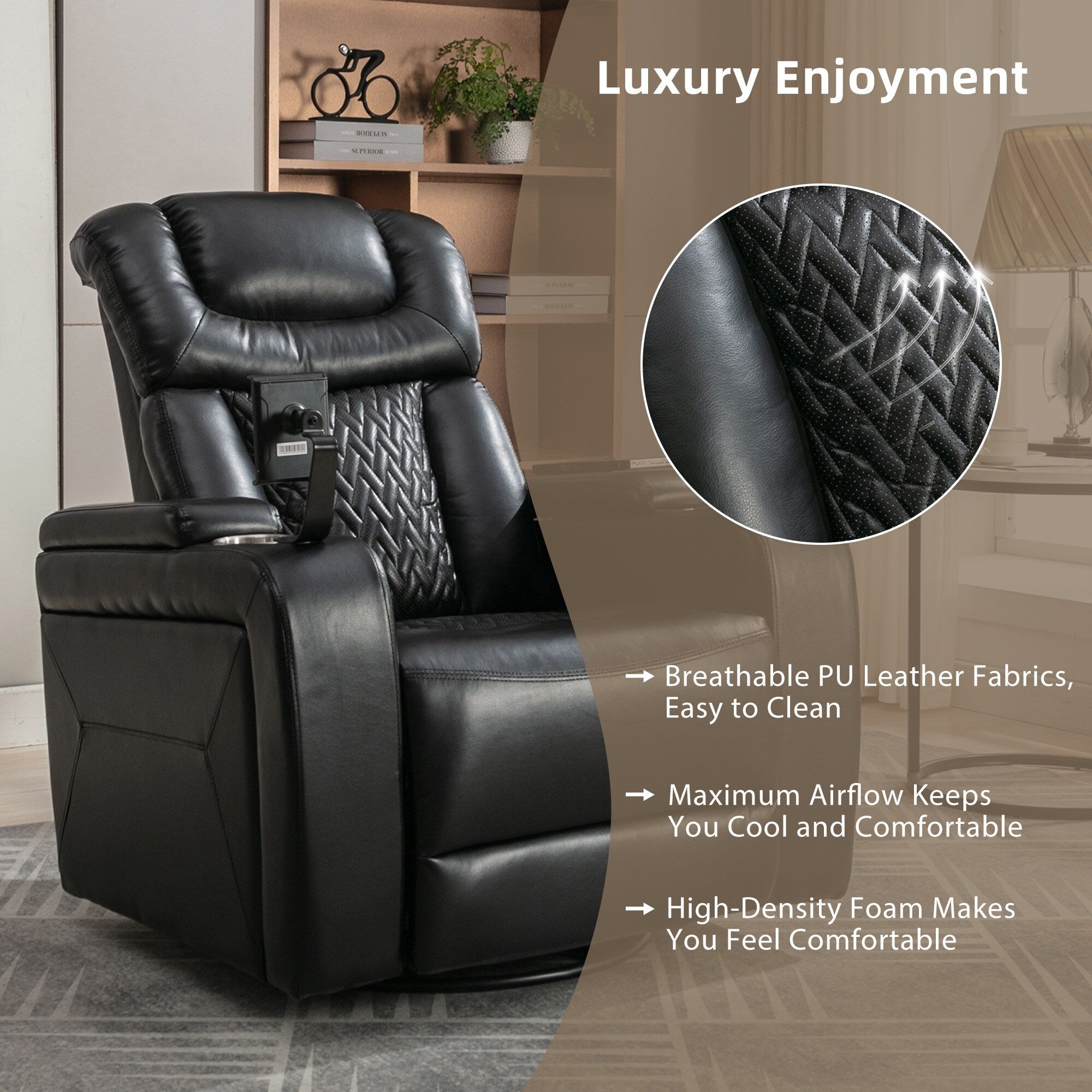 Fauteuil inclinable électrique pivotant à 270 degrés, siège individuel, fauteuil inclinable pour home cinéma, avec plateau, support pour téléphone, porte-gobelet et port USB