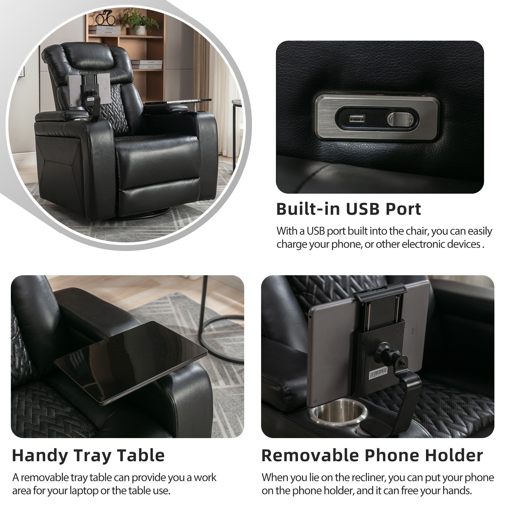 Fauteuil inclinable électrique pivotant à 270 degrés, siège individuel, fauteuil inclinable pour home cinéma, avec plateau, support pour téléphone, porte-gobelet et port USB