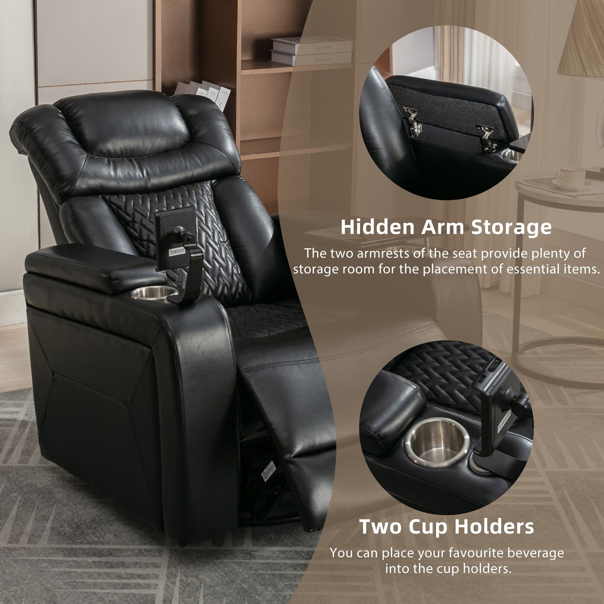 Fauteuil inclinable électrique pivotant à 270 degrés, siège individuel, fauteuil inclinable pour home cinéma, avec plateau, support pour téléphone, porte-gobelet et port USB