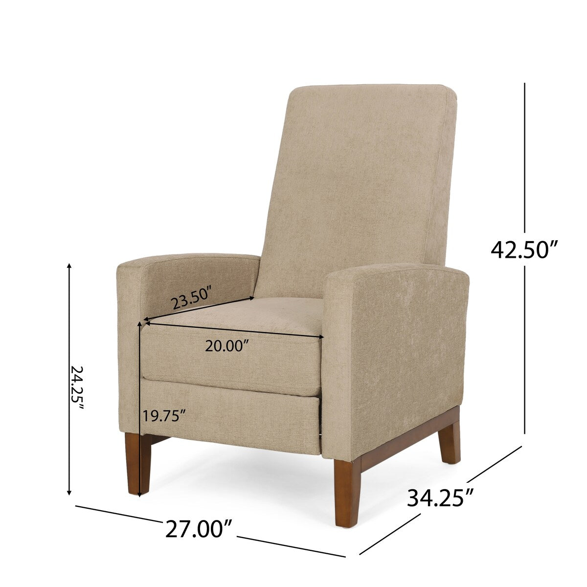 Canapé inclinable classique en bois de 27 pouces de large, fauteuil club manuel et rembourré, meuble de salon