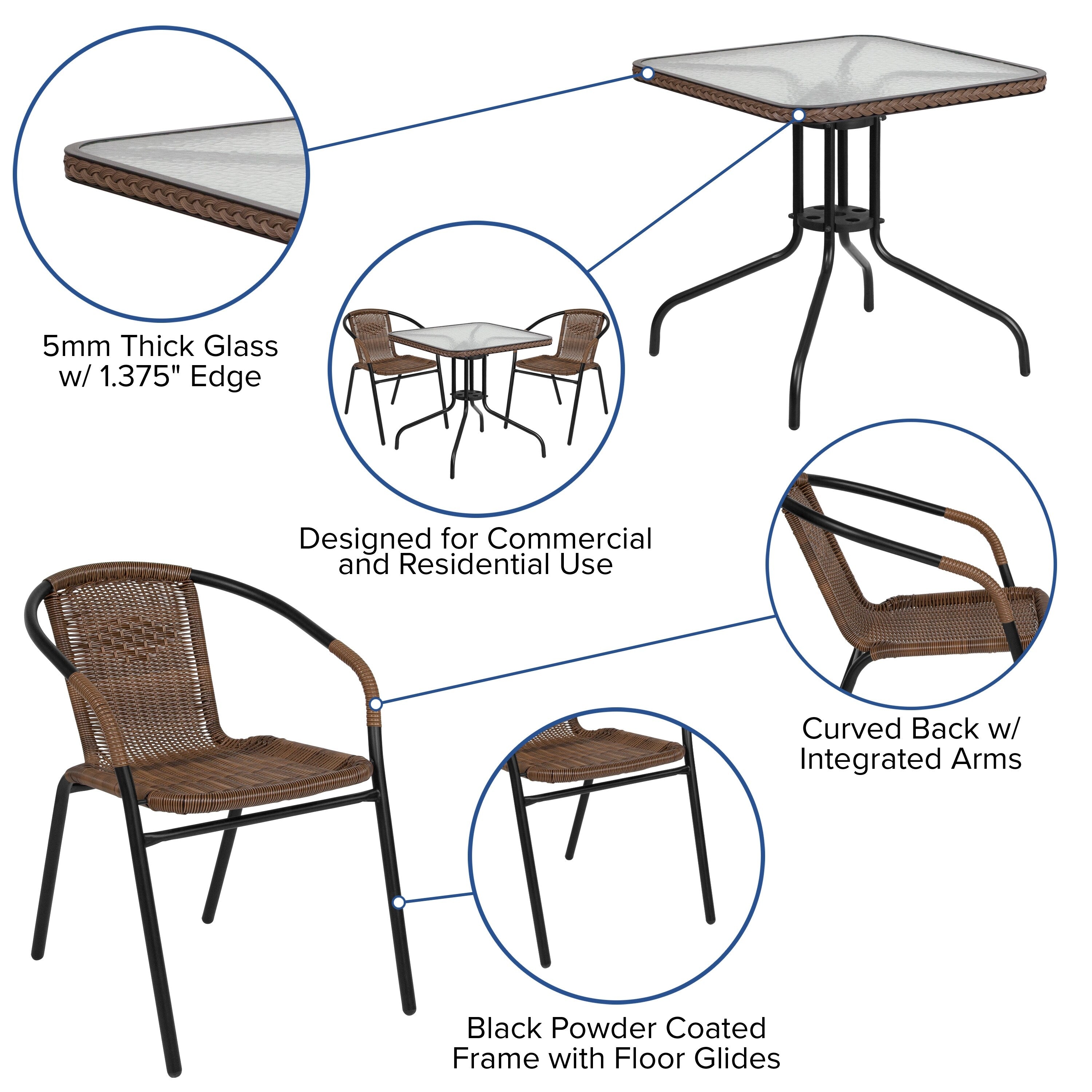 Ensemble de salle à manger de patio 3 pièces en métal et rotin avec table carrée de 28 pouces - 28 L x 28 P x 28 H