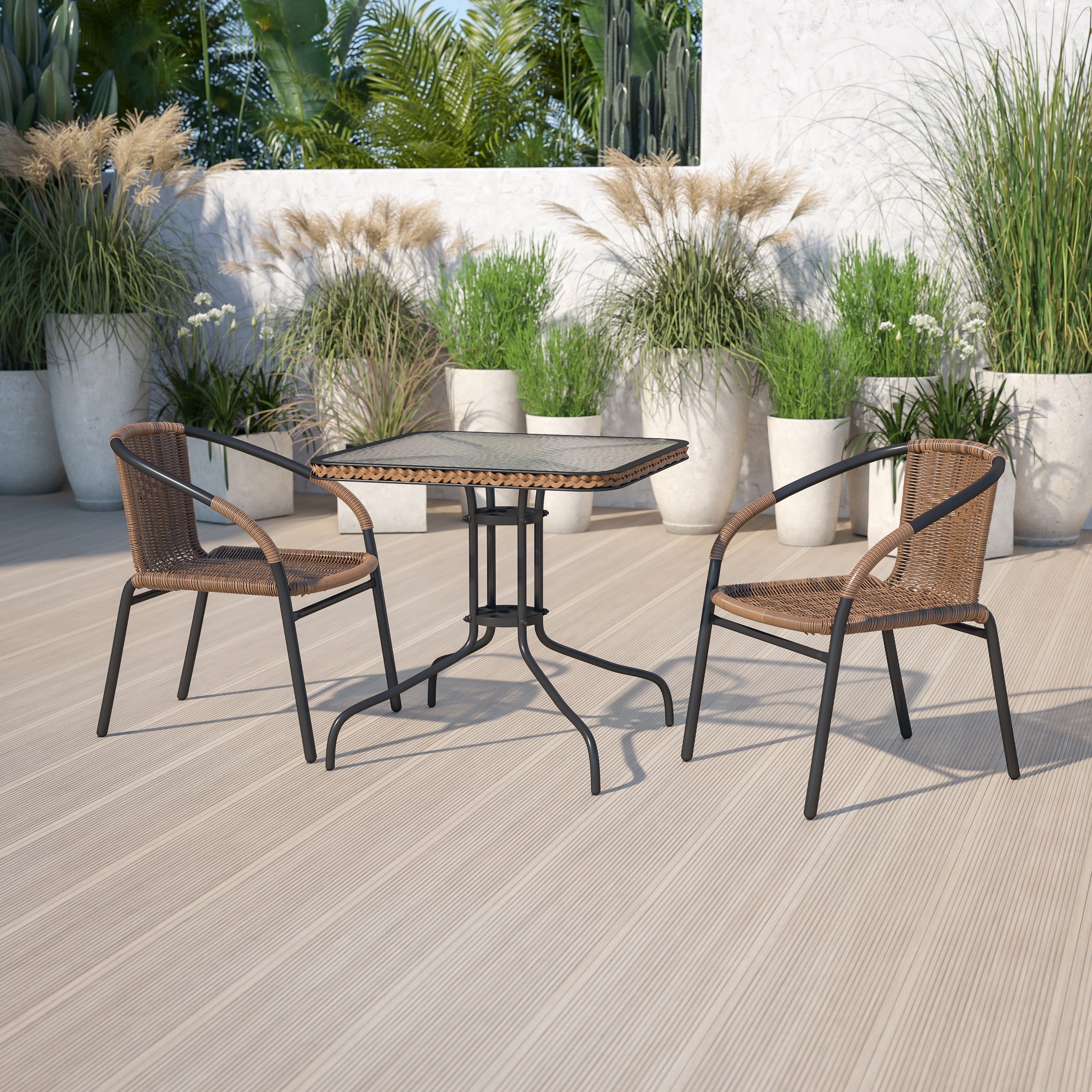 Ensemble de salle à manger de patio 3 pièces en métal et rotin avec table carrée de 28 pouces - 28 L x 28 P x 28 H