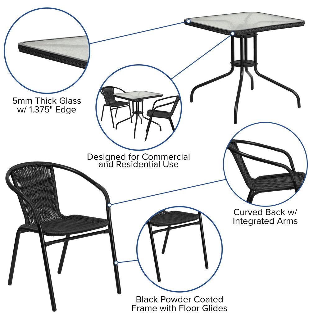 Ensemble de salle à manger de patio 3 pièces en métal et rotin avec table carrée de 28 pouces - 28 L x 28 P x 28 H