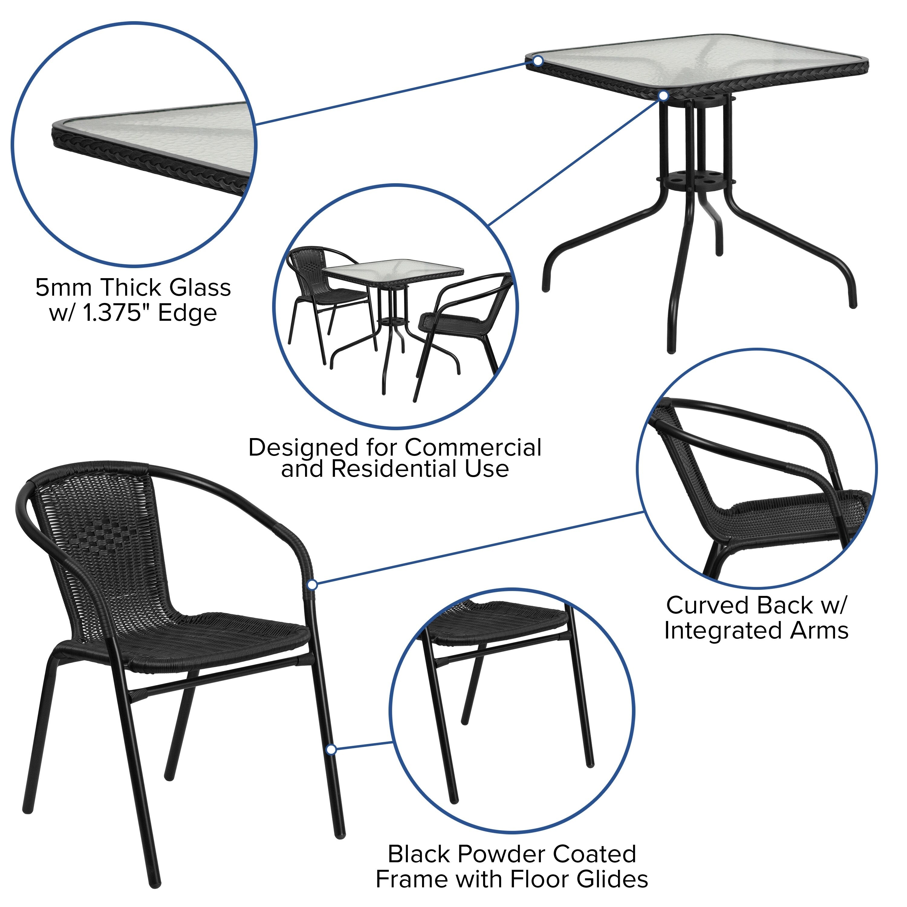 Ensemble de salle à manger de patio 3 pièces en métal et rotin avec table carrée de 28 pouces - 28 L x 28 P x 28 H