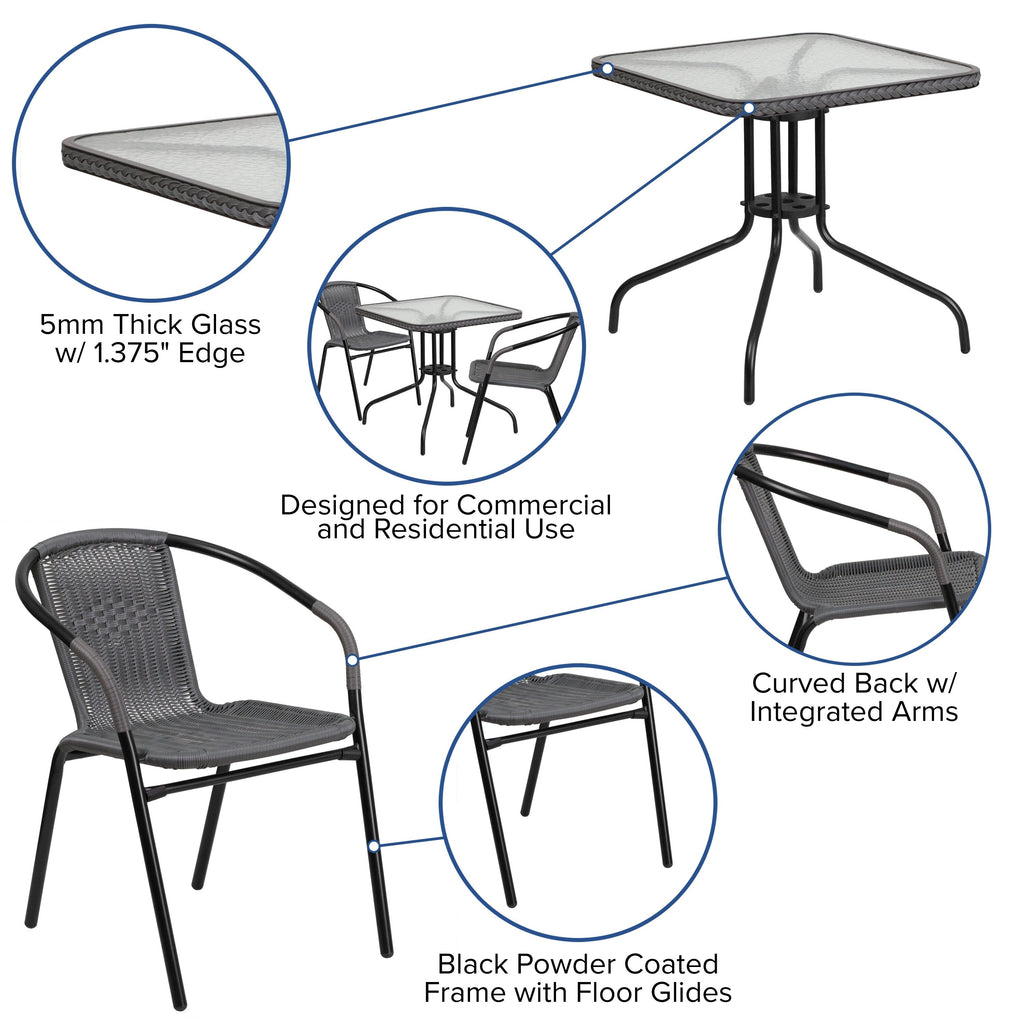 Ensemble de salle à manger de patio 3 pièces en métal et rotin avec table carrée de 28 pouces - 28 L x 28 P x 28 H