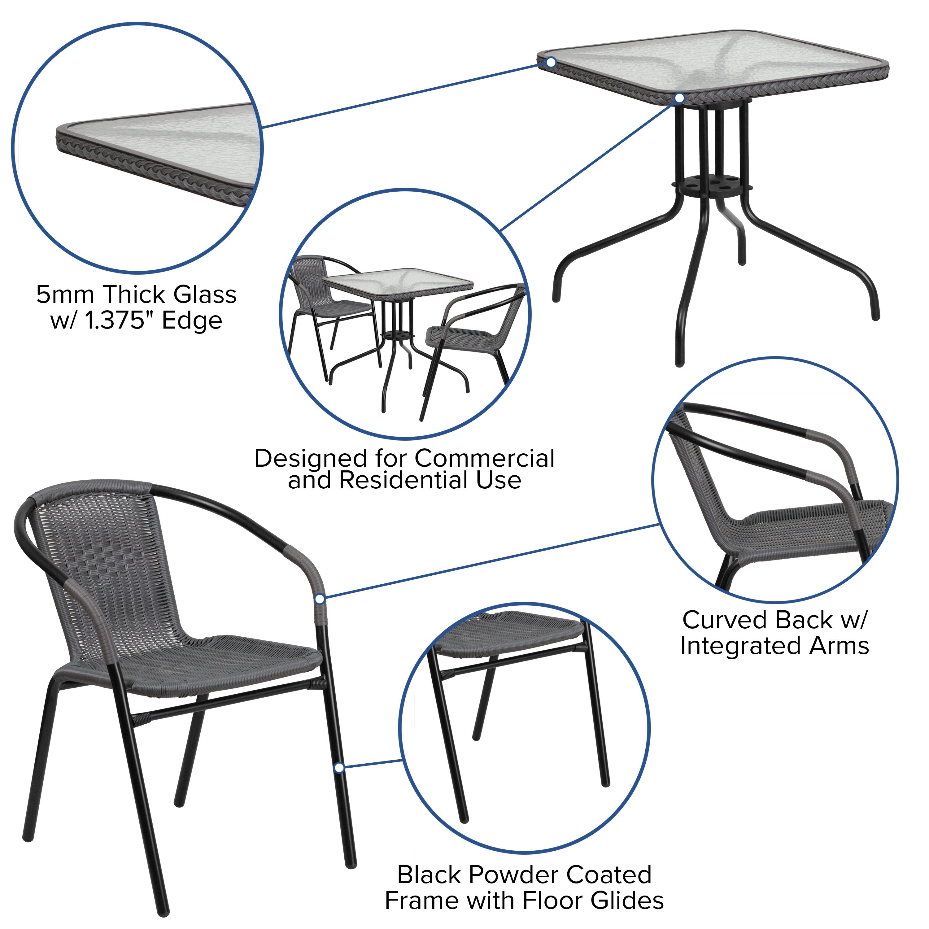 Ensemble de salle à manger de patio 3 pièces en métal et rotin avec table carrée de 28 pouces - 28 L x 28 P x 28 H
