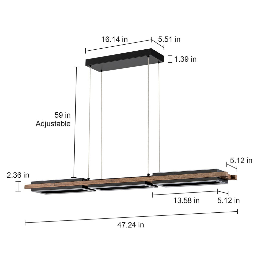 Lustre linéaire en bois à 3 ou 5 lumières LED intégrées pour îlot de cuisine