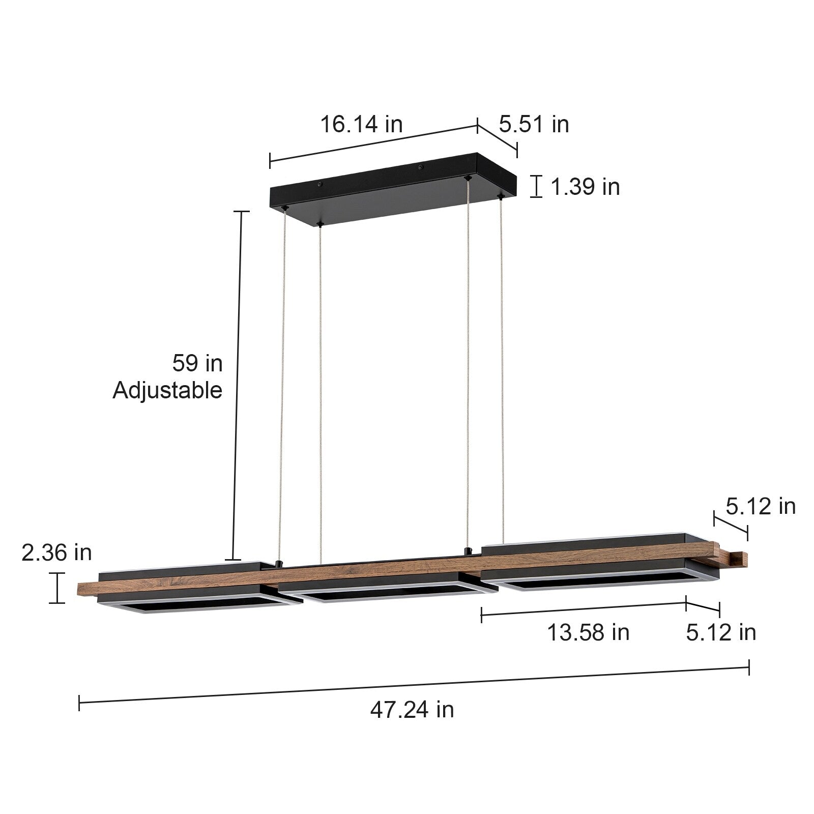 Lustre linéaire en bois à 3 ou 5 lumières LED intégrées pour îlot de cuisine