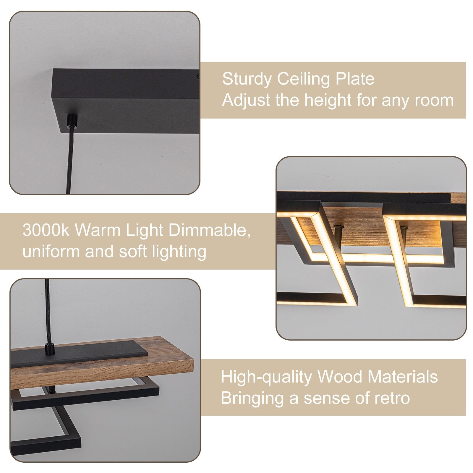 Lustre linéaire en bois à 3 ou 5 lumières LED intégrées pour îlot de cuisine