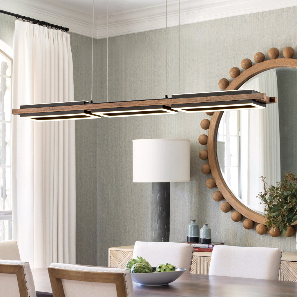 Lustre linéaire en bois à 3 ou 5 lumières LED intégrées pour îlot de cuisine