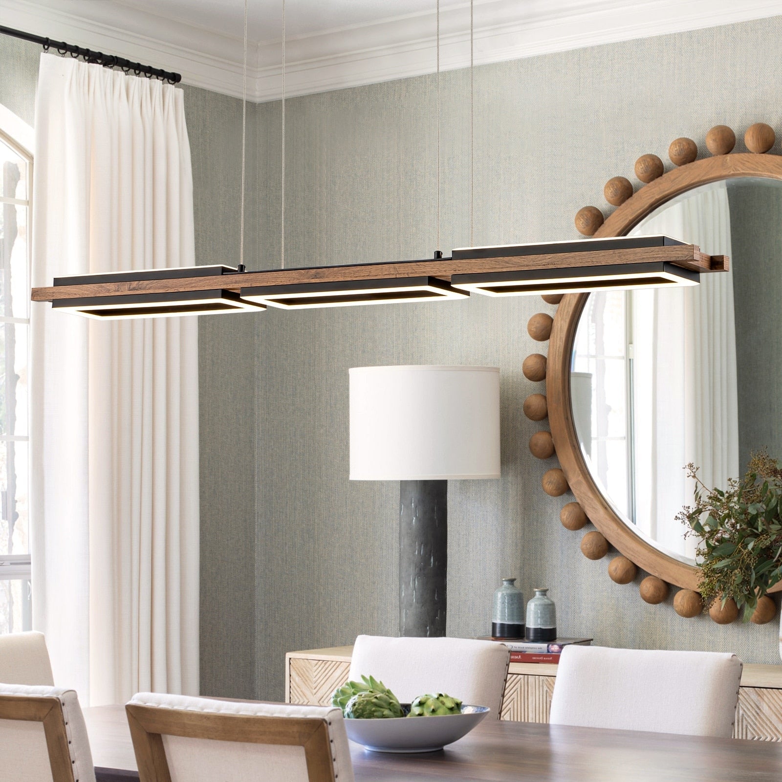 Lustre linéaire en bois à 3 ou 5 lumières LED intégrées pour îlot de cuisine