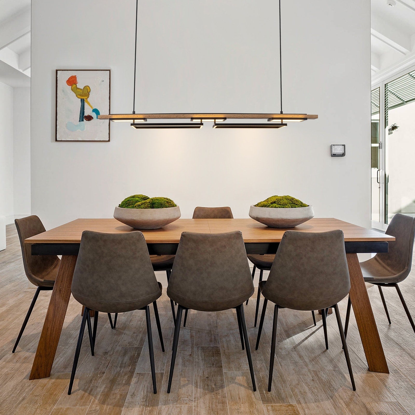 Lustre linéaire en bois à 3 ou 5 lumières LED intégrées pour îlot de cuisine