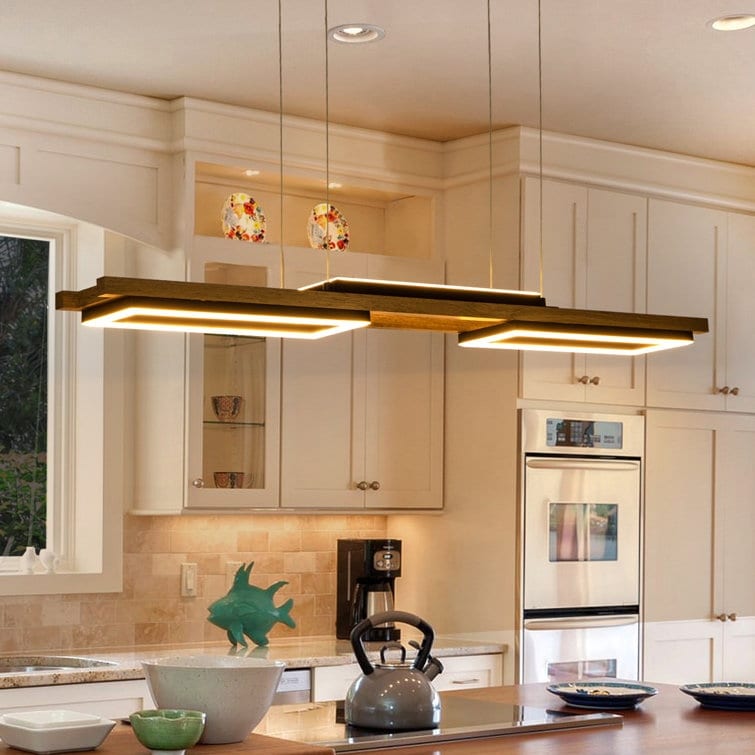 Lustre linéaire en bois à 3 ou 5 lumières LED intégrées pour îlot de cuisine