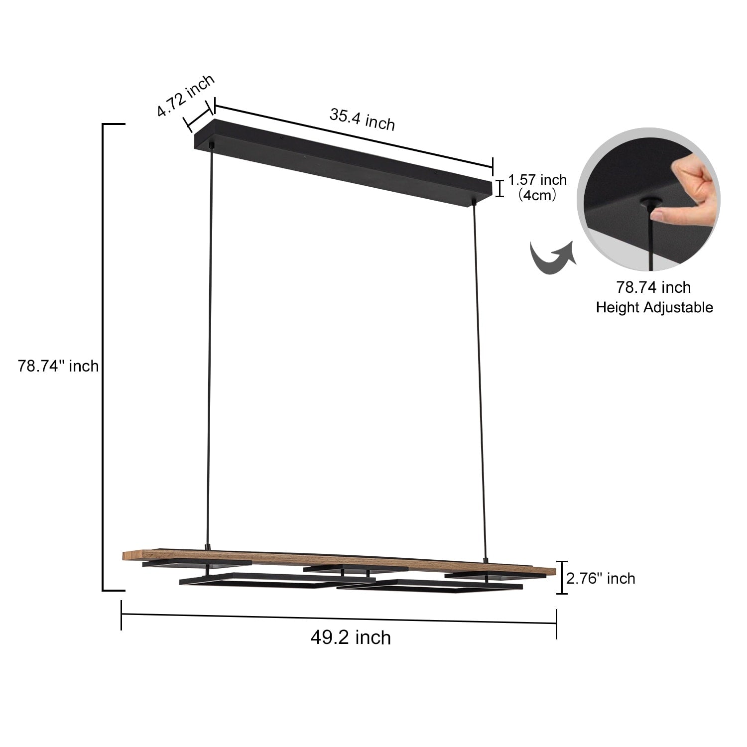 Lustre linéaire en bois à 3 ou 5 lumières LED intégrées pour îlot de cuisine