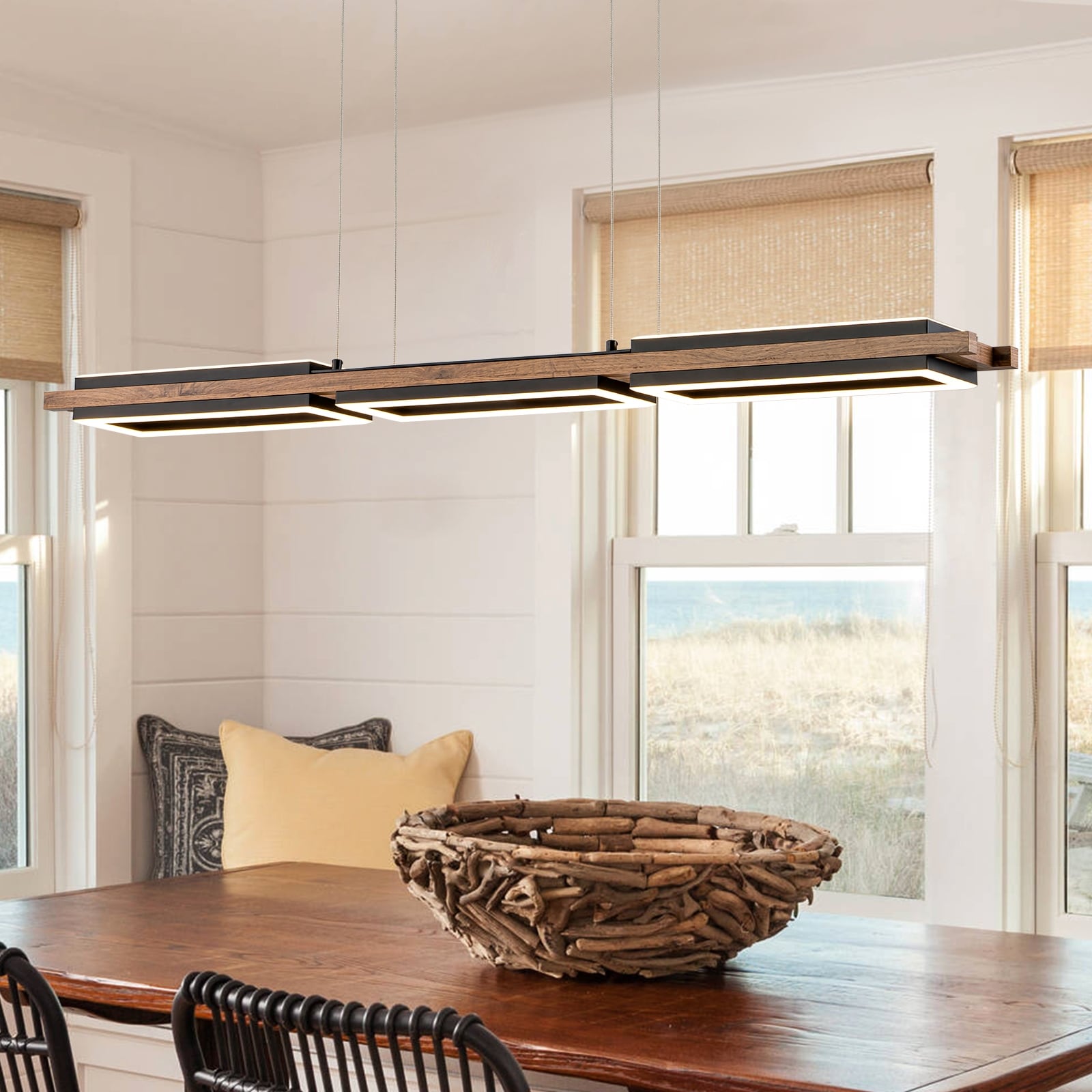 Lustre linéaire en bois à 3 ou 5 lumières LED intégrées pour îlot de cuisine