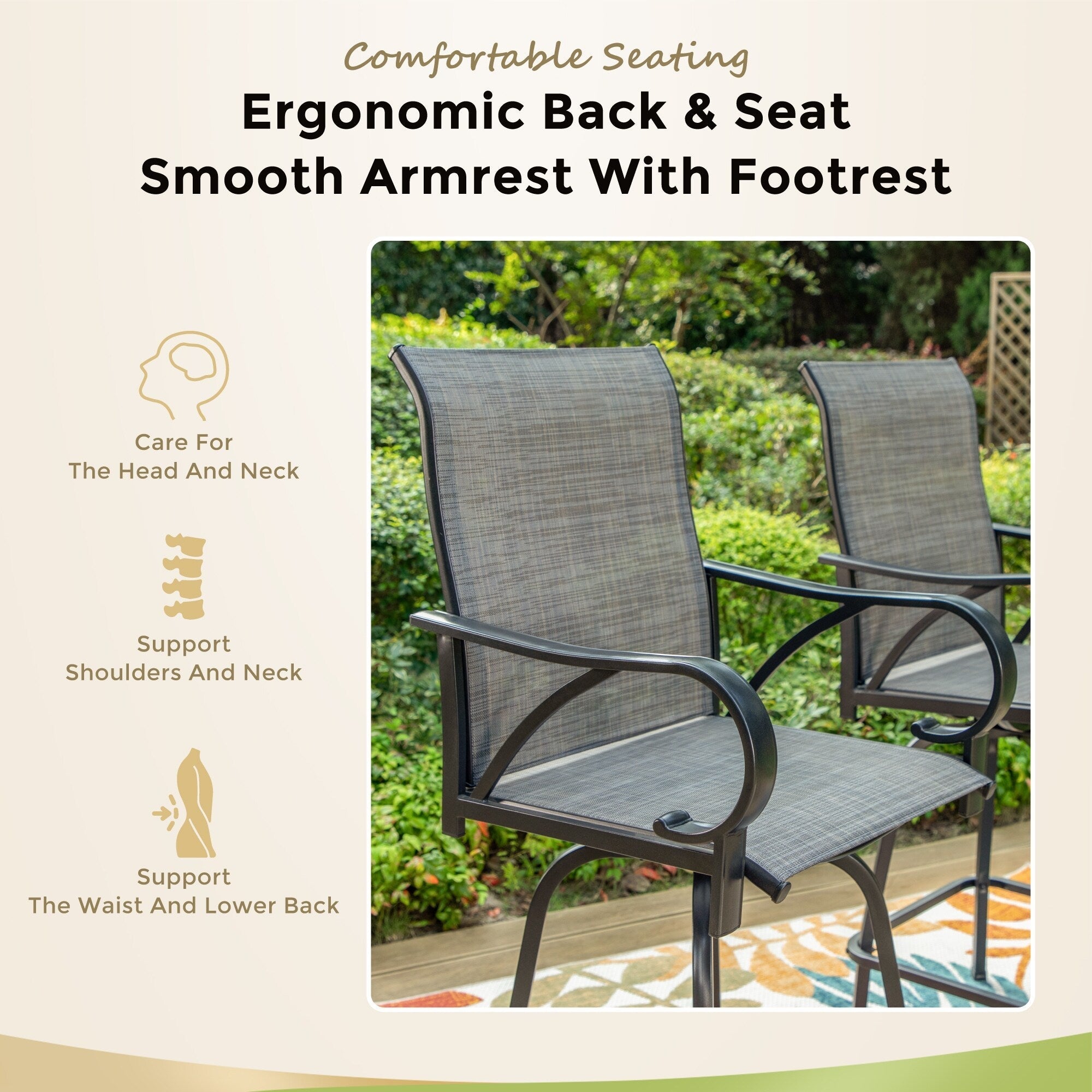 3/5-Piece Patio Bar Stool Set Wood-look Table & Grey Textilene Sling Fabric Swivel Bar Stools
