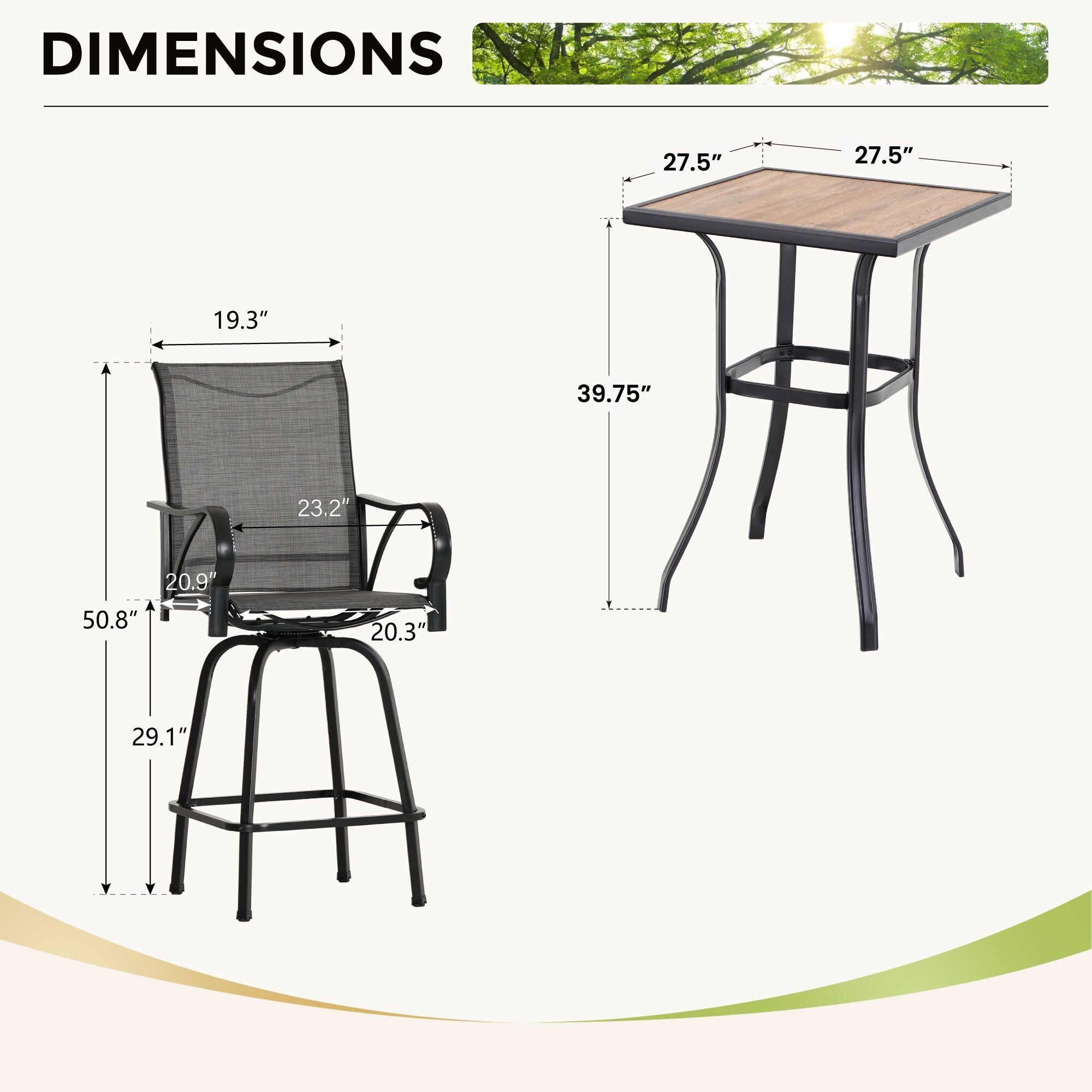 3/5-Piece Patio Bar Stool Set Wood-look Table & Grey Textilene Sling Fabric Swivel Bar Stools
