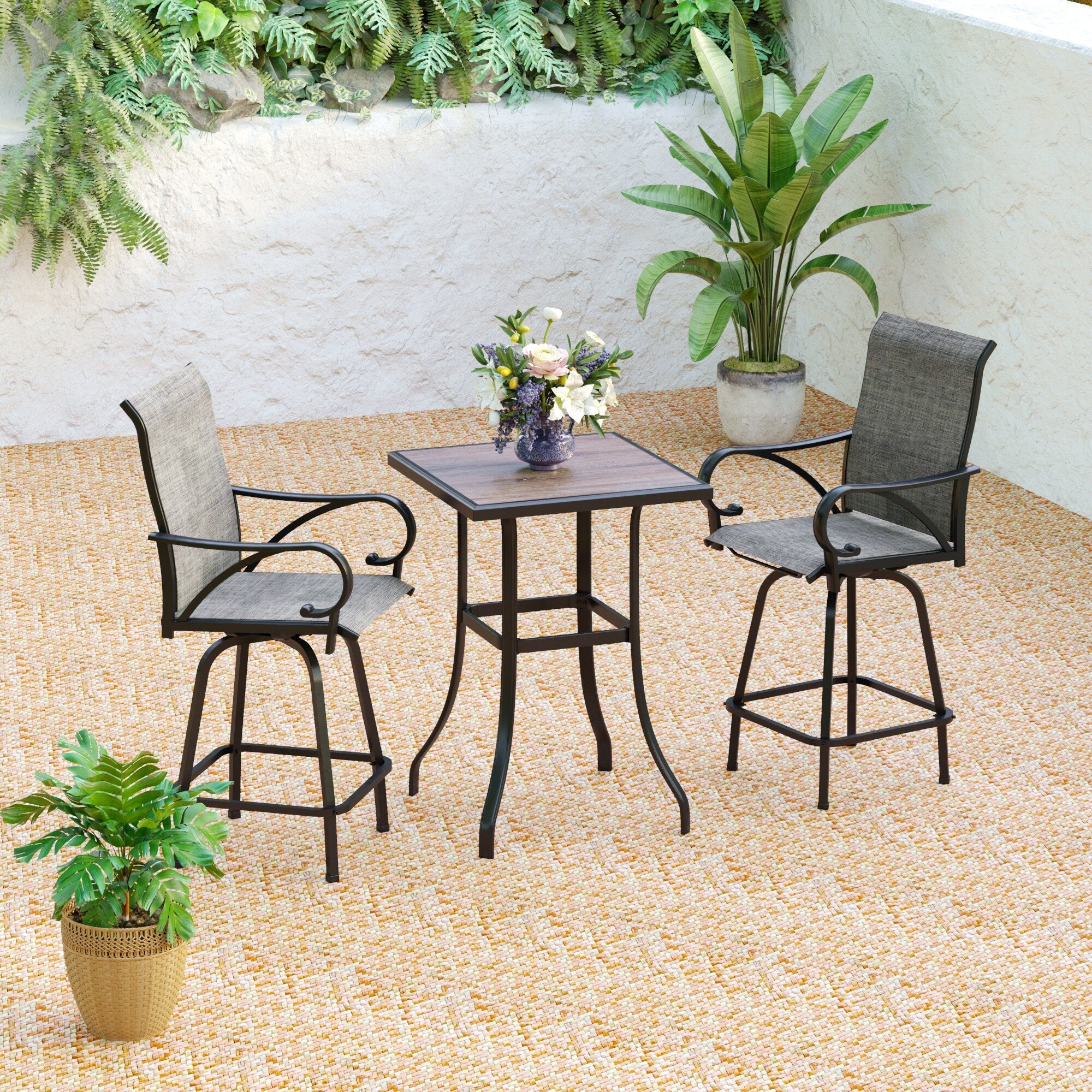 3/5-Piece Patio Bar Stool Set Wood-look Table & Grey Textilene Sling Fabric Swivel Bar Stools