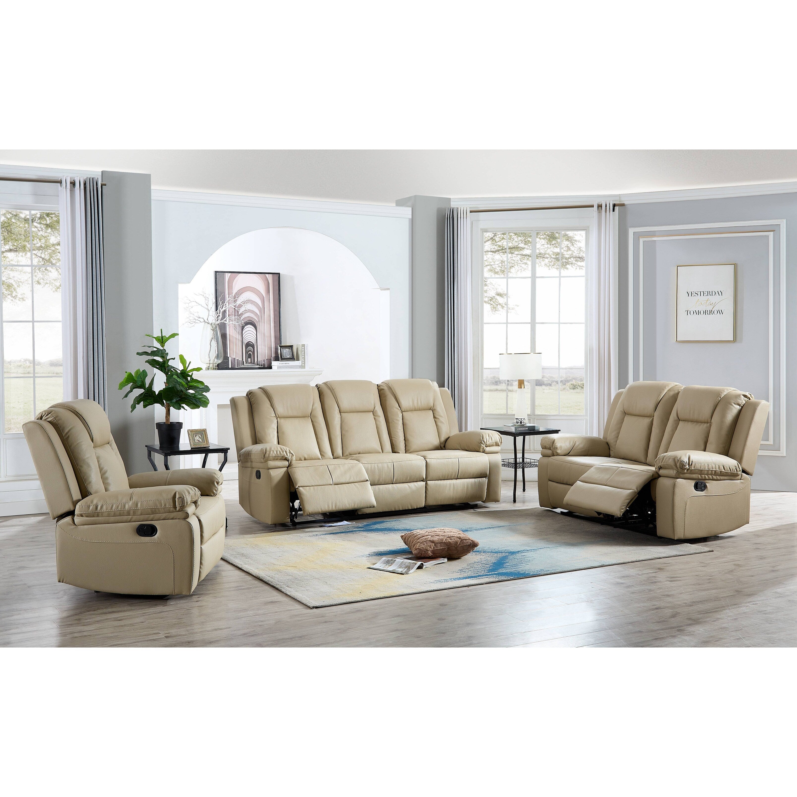 3-PC Bonded Leather Reclining Sofa Loveseat and Chair Living Room Set