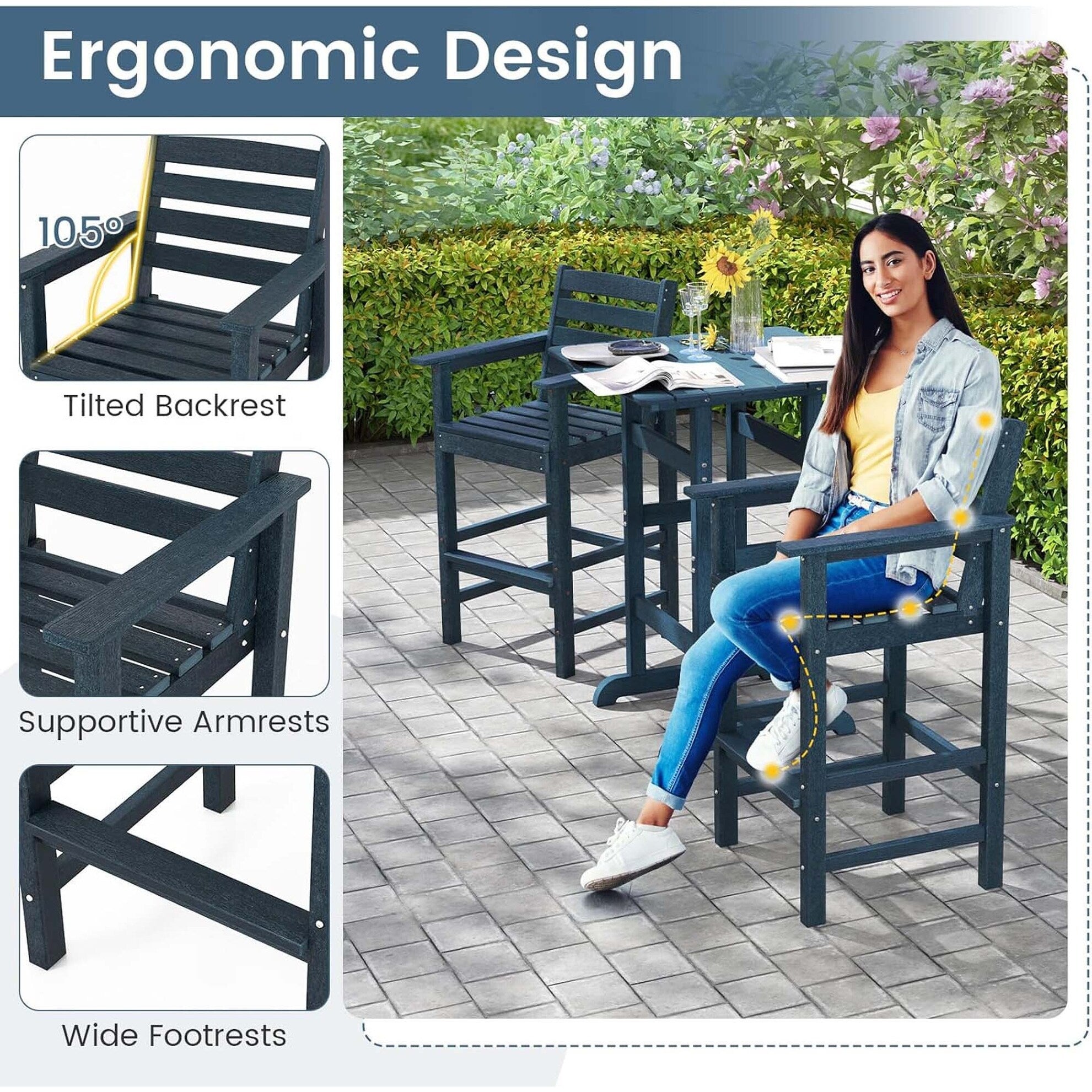 3 PCS Patio HDPE Bistro Set Counter Height Bar Stools W/ Table Set