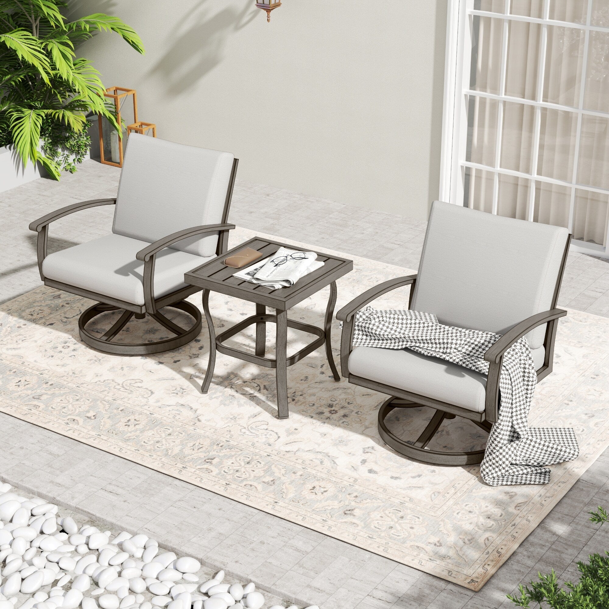 3-Piece Aluminum Patio Bistro Set with End Table, Swivel Armchairs and Light Gray Cushions