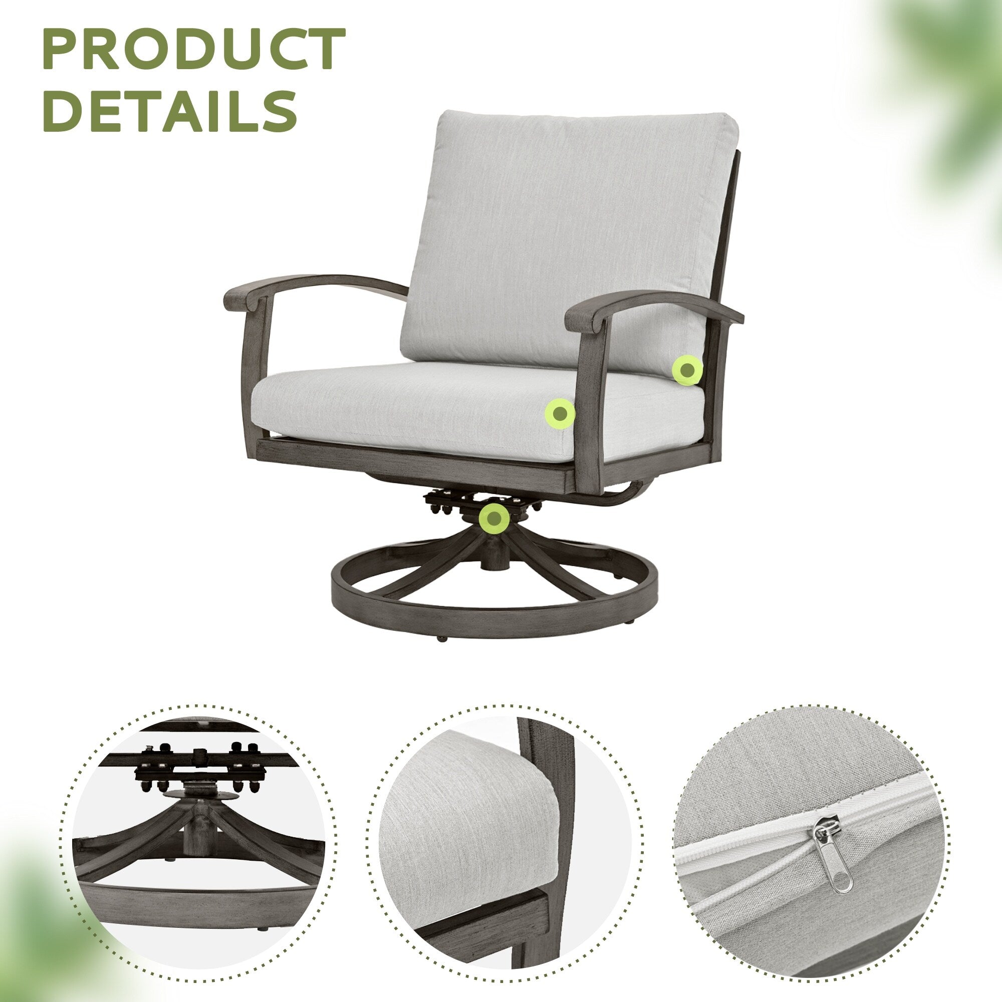 3-Piece Aluminum Patio Bistro Set with End Table, Swivel Armchairs and Light Gray Cushions