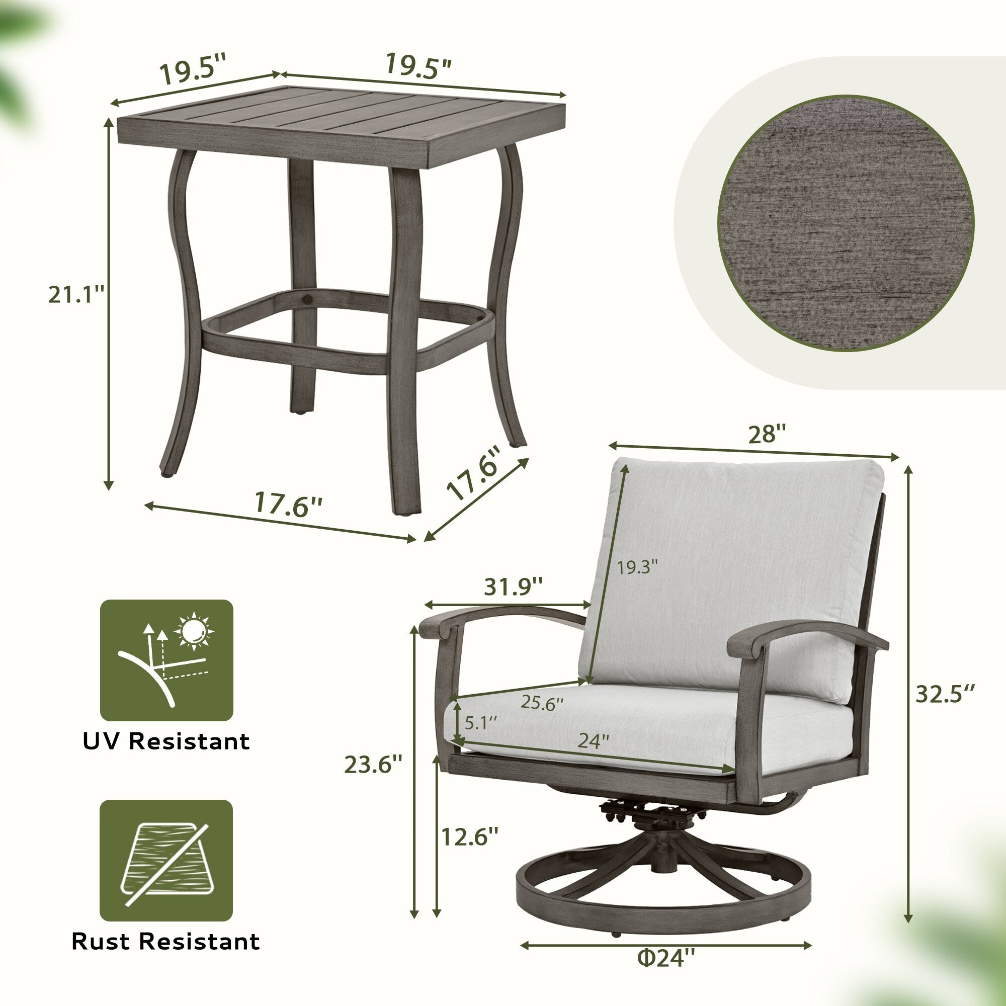 3-Piece Aluminum Patio Bistro Set with End Table, Swivel Armchairs and Light Gray Cushions