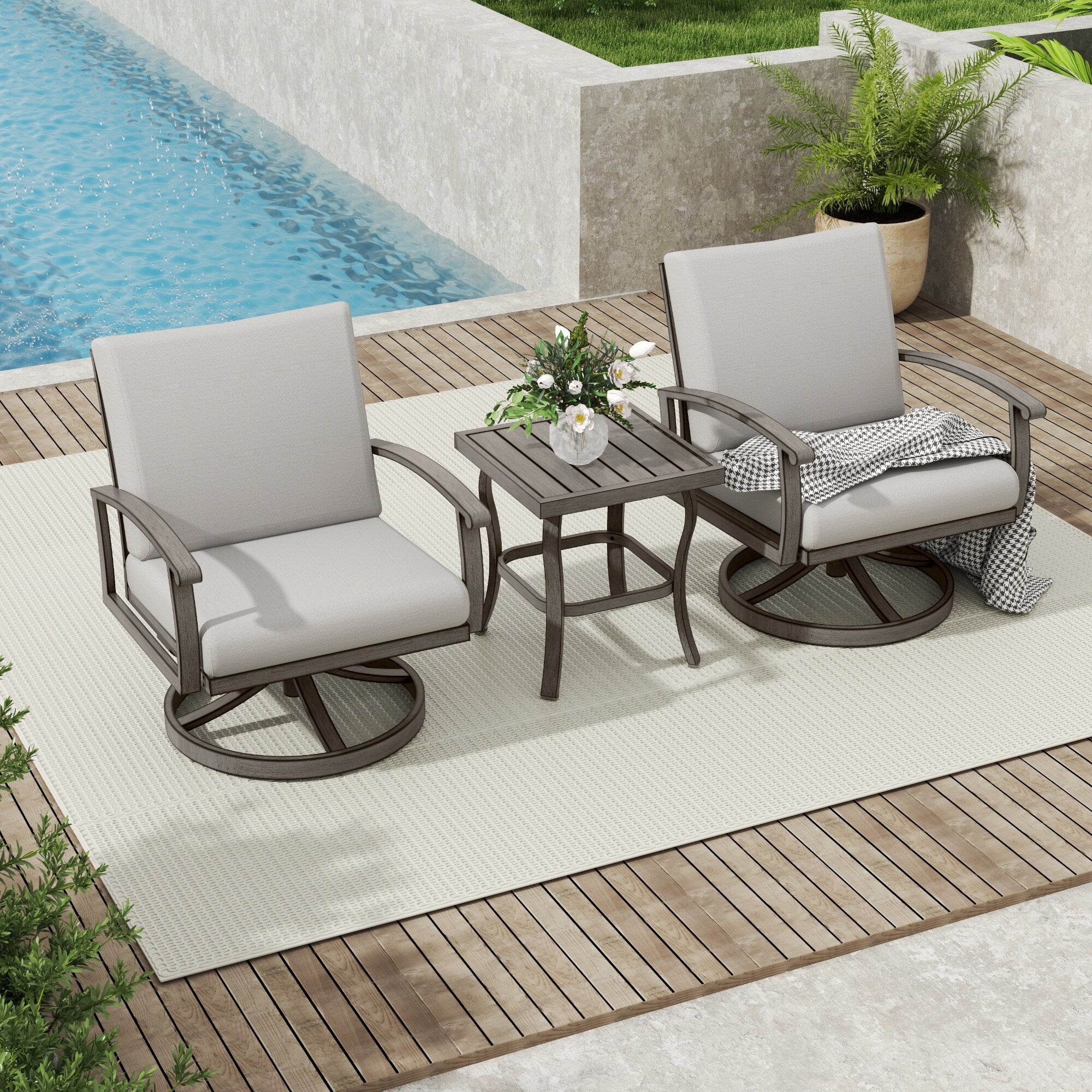3-Piece Aluminum Patio Bistro Set with End Table, Swivel Armchairs and Light Gray Cushions