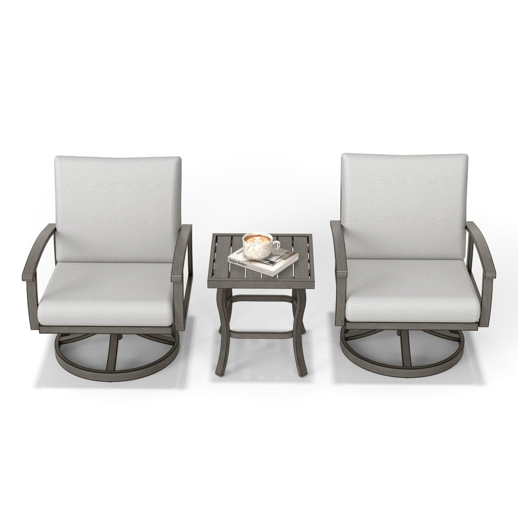 3-Piece Aluminum Patio Bistro Set with End Table, Swivel Armchairs and Light Gray Cushions