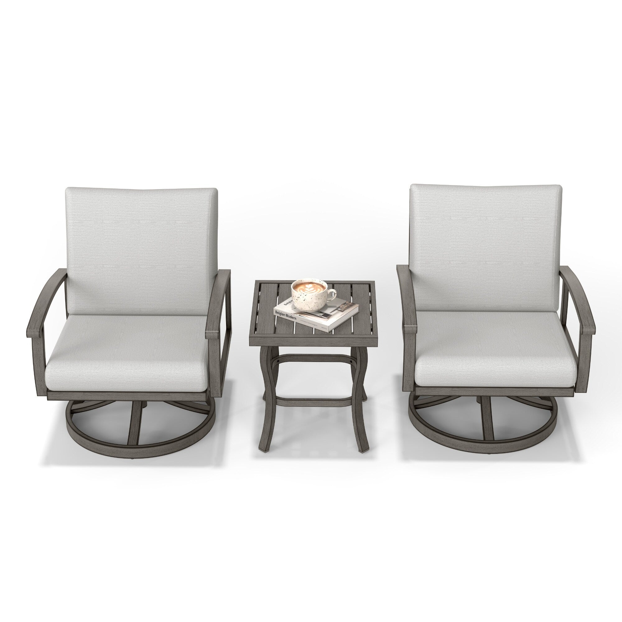 3-Piece Aluminum Patio Bistro Set with End Table, Swivel Armchairs and Light Gray Cushions