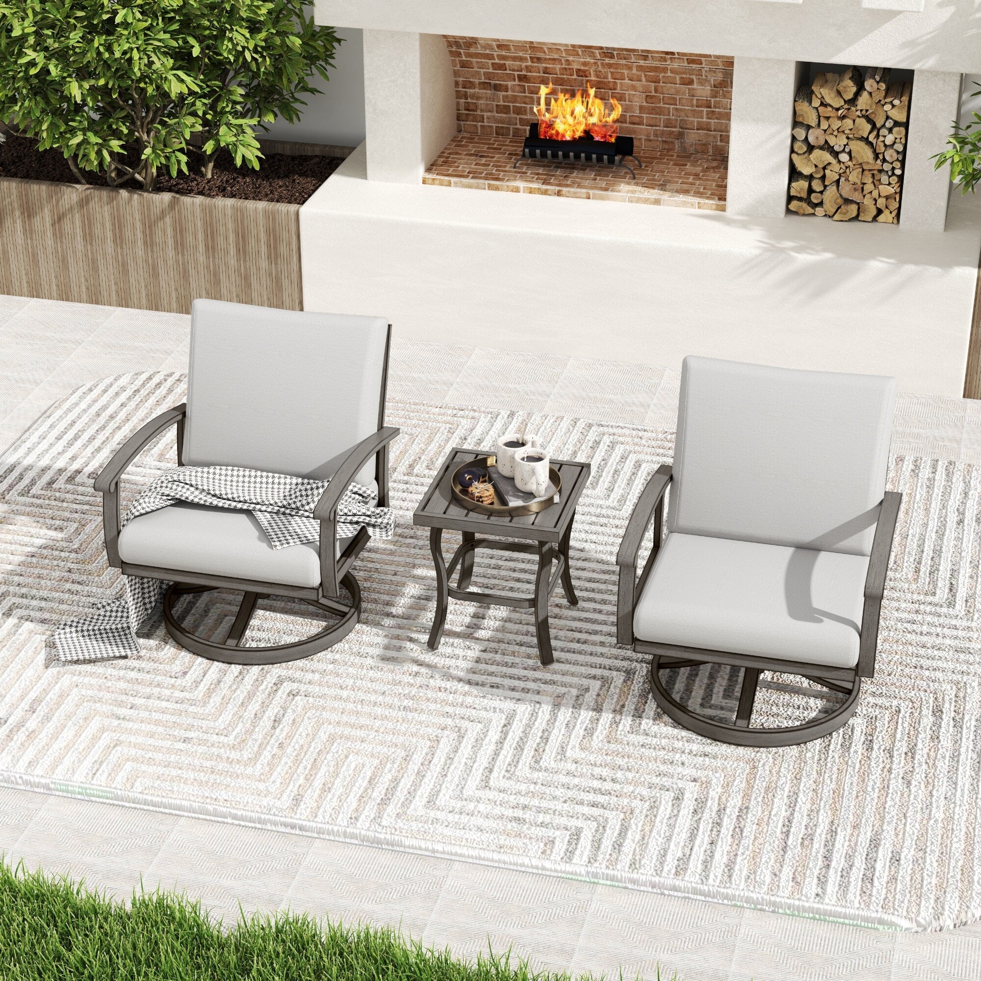 3-Piece Aluminum Patio Bistro Set with End Table, Swivel Armchairs and Light Gray Cushions