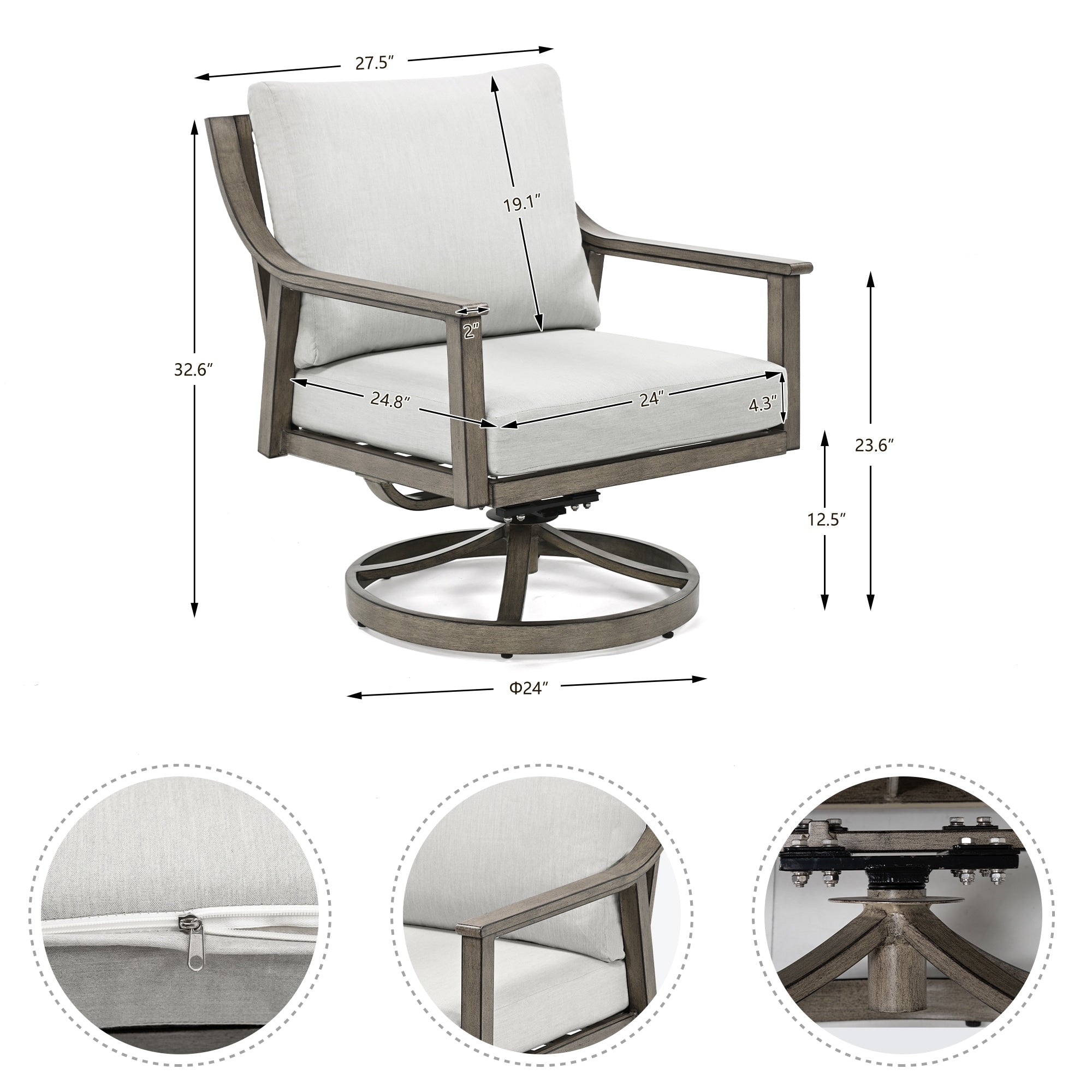 3-Piece Aluminum Patio Conversation Set with Swivel Chairs, End Table and Cushions